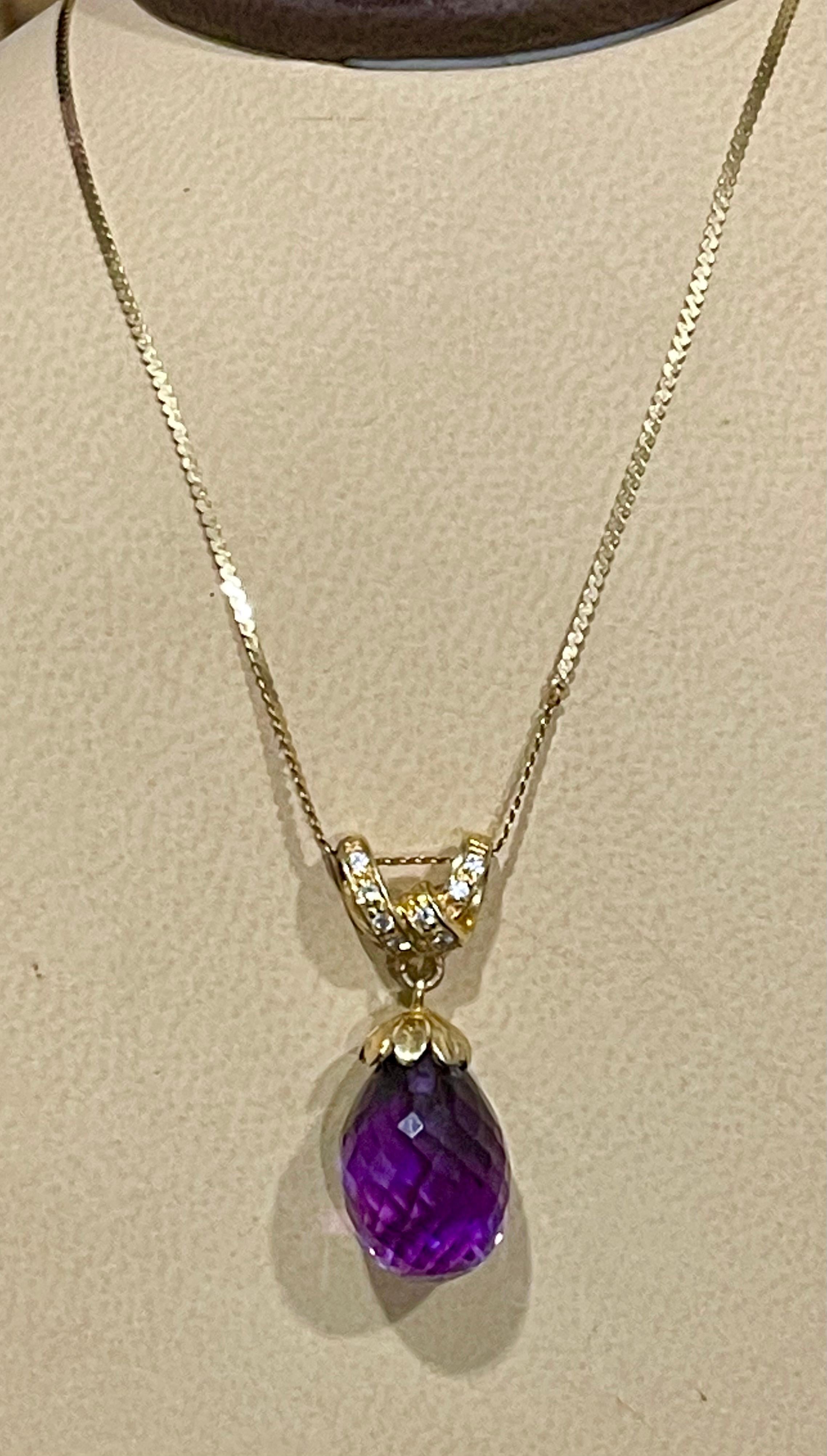 Checkerboard Amethyst Drop & Diamond Pendent/Necklace 14 Karat Yellow Gold Chain For Sale 6