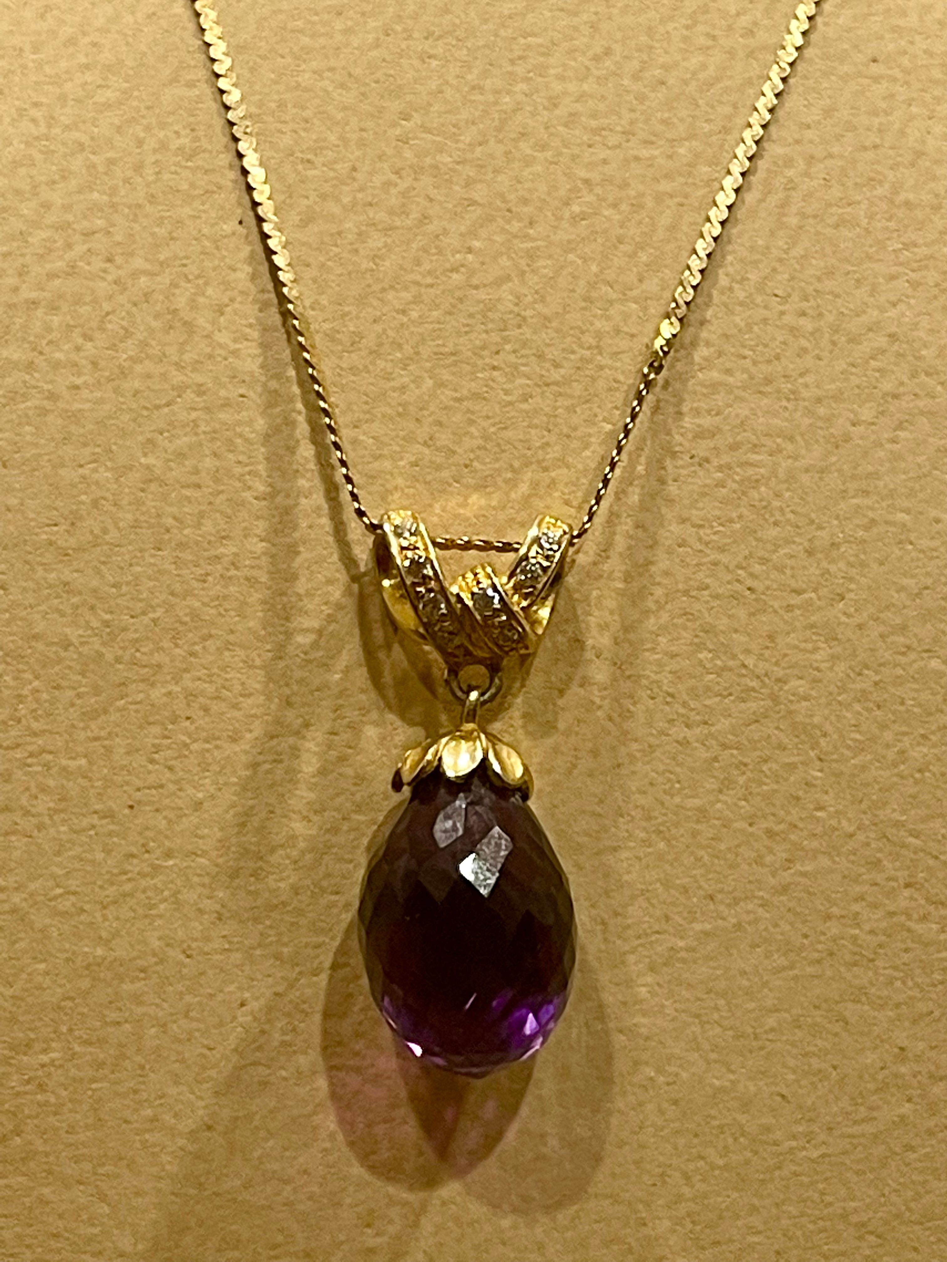 Checkerboard Amethyst Drop & Diamond Pendent/Necklace 14 Karat Yellow Gold Chain For Sale 7