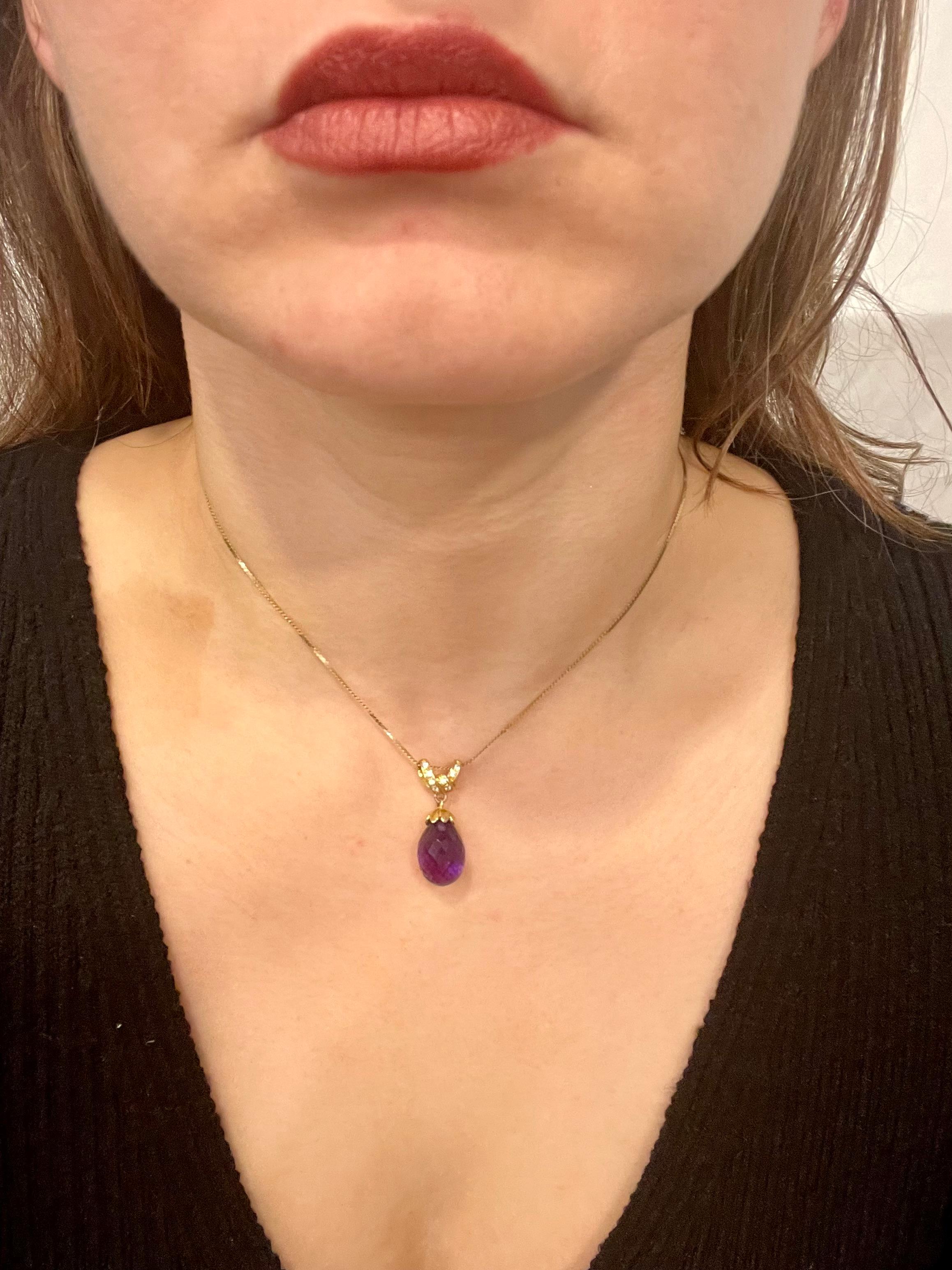 Checkerboard Amethyst Drop & Diamond Pendent/Necklace 14 Karat Yellow Gold Chain For Sale 10