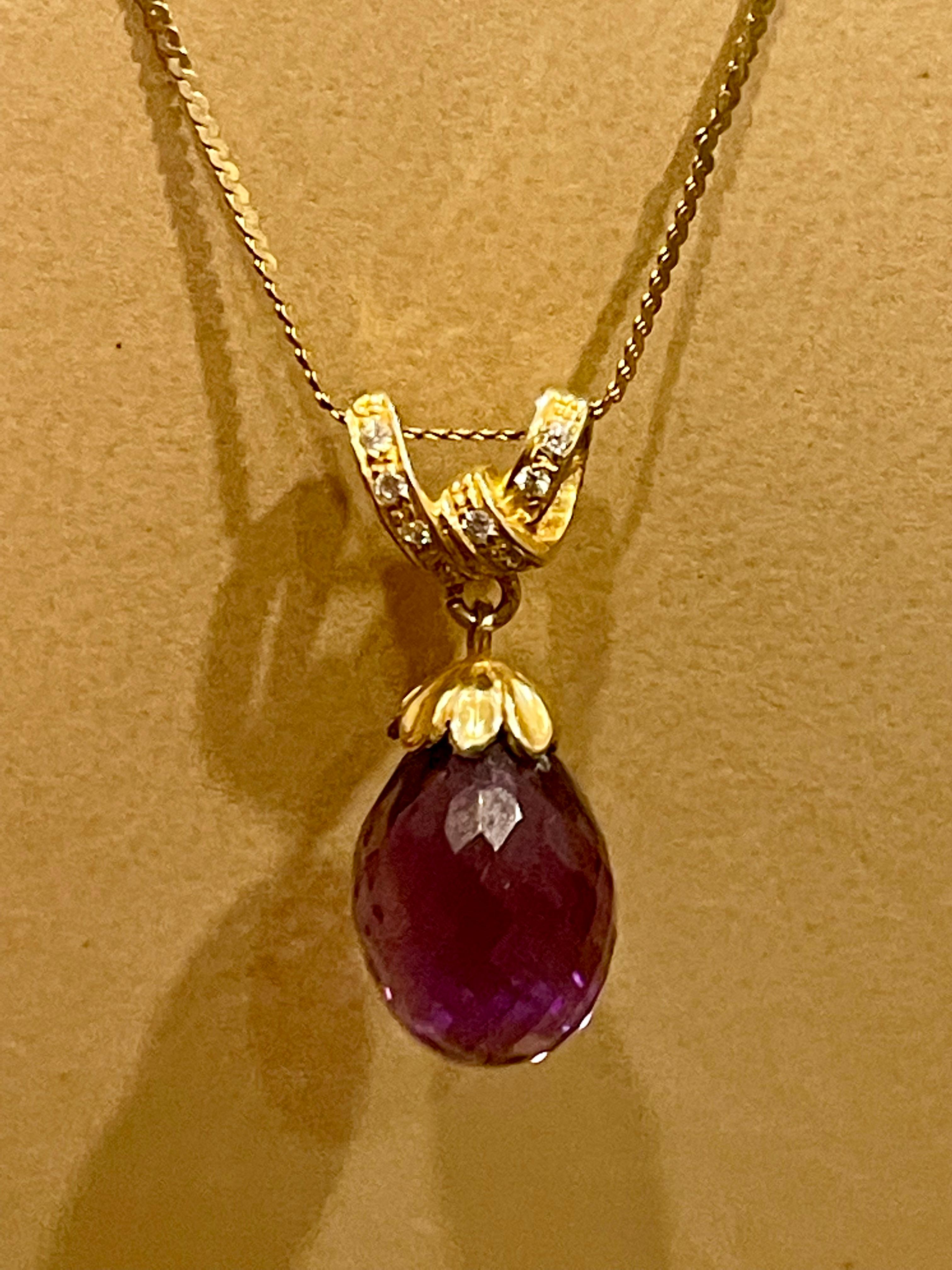 Checkerboard Amethyst Drop & Diamond Pendent/Necklace 14 Karat Yellow Gold Chain For Sale 9