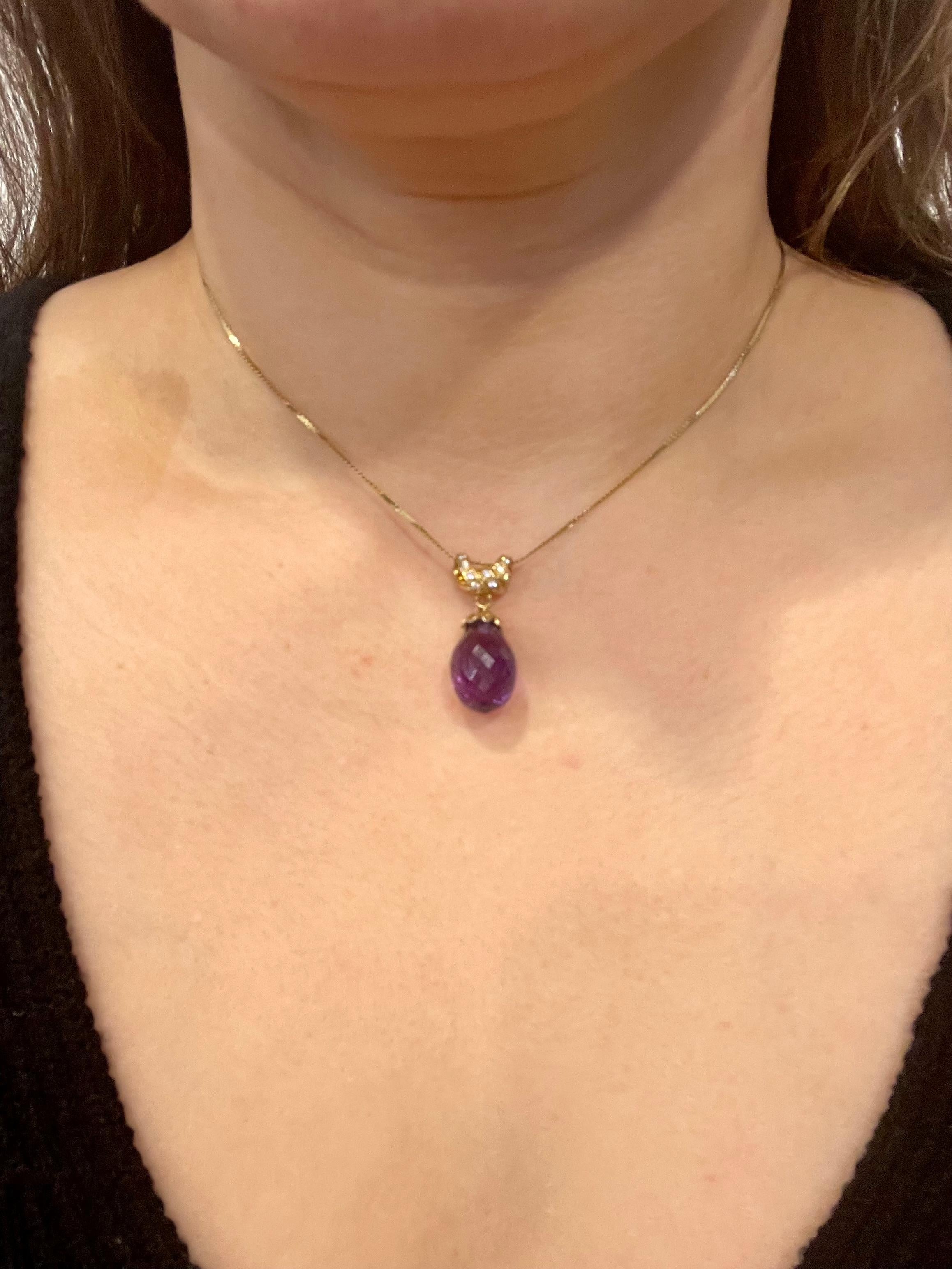Checkerboard Amethyst Drop & Diamond Pendent/Necklace 14 Karat Yellow Gold Chain For Sale 12