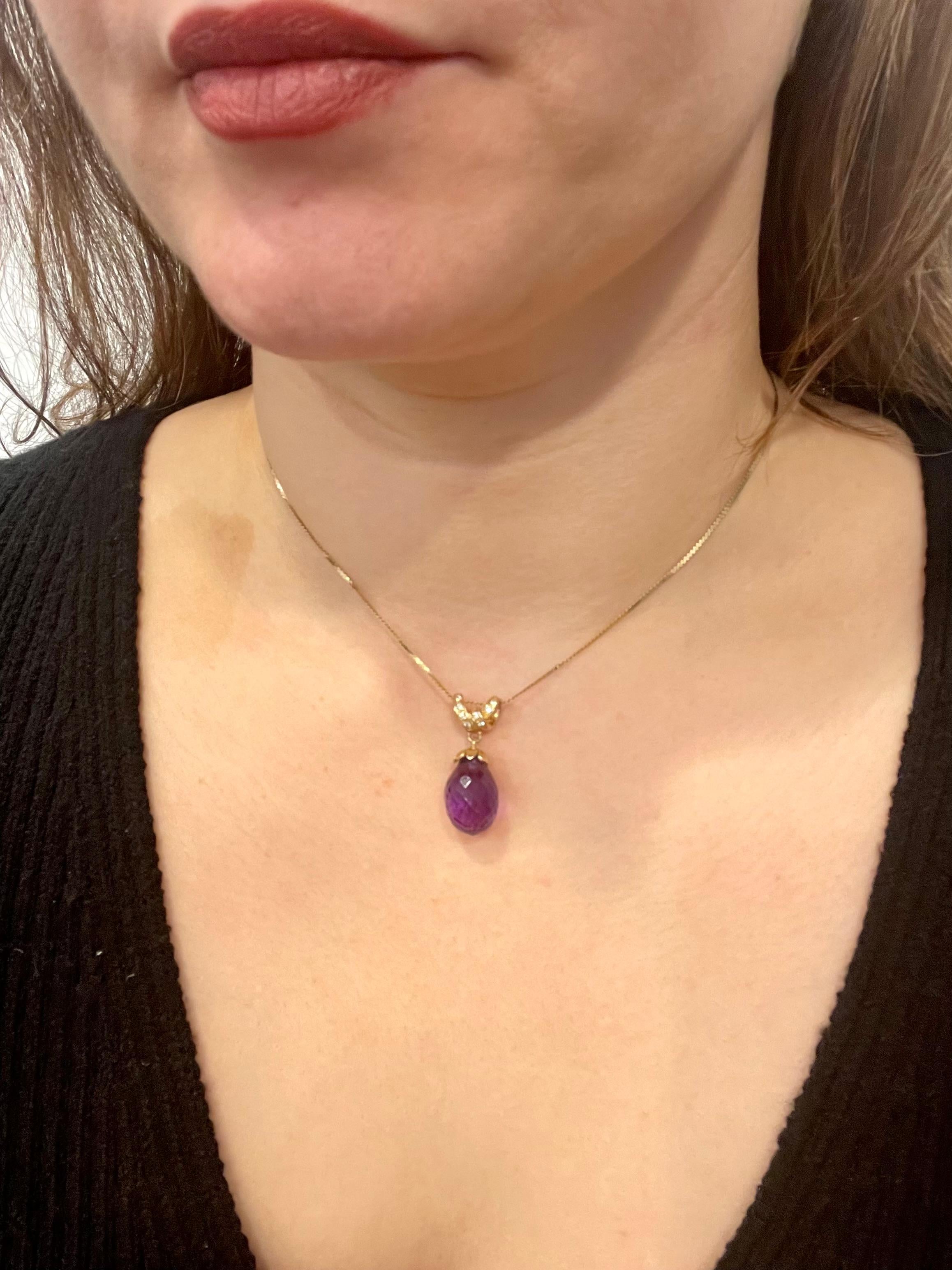 Checkerboard Amethyst Drop & Diamond Pendent/Necklace 14 Karat Yellow Gold Chain For Sale 13