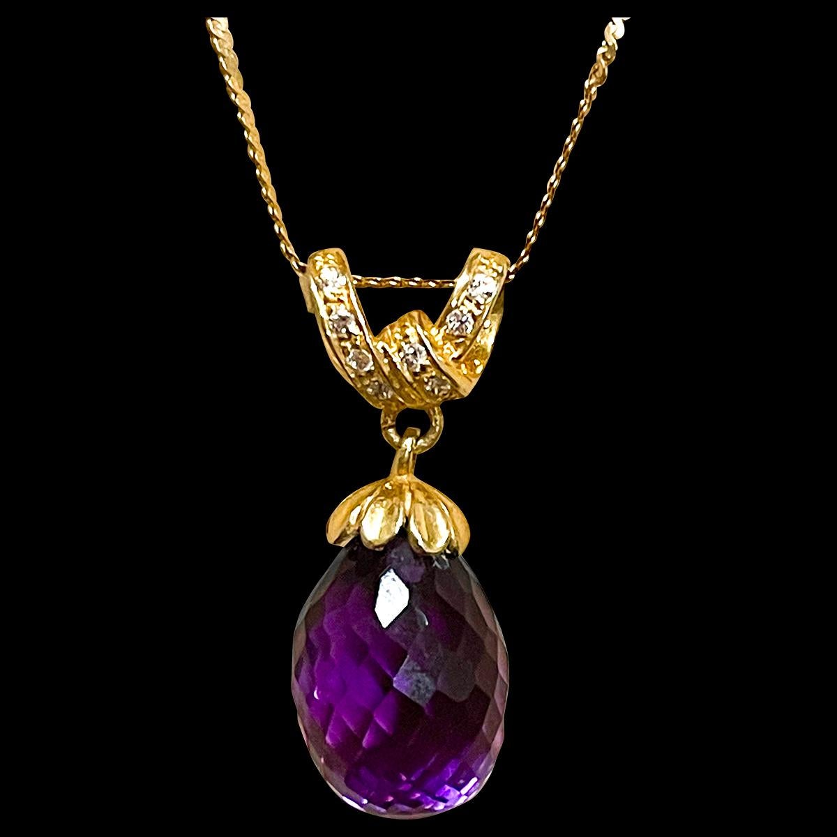 Ball Cut Checkerboard Amethyst Drop & Diamond Pendent/Necklace 14 Karat Yellow Gold Chain For Sale