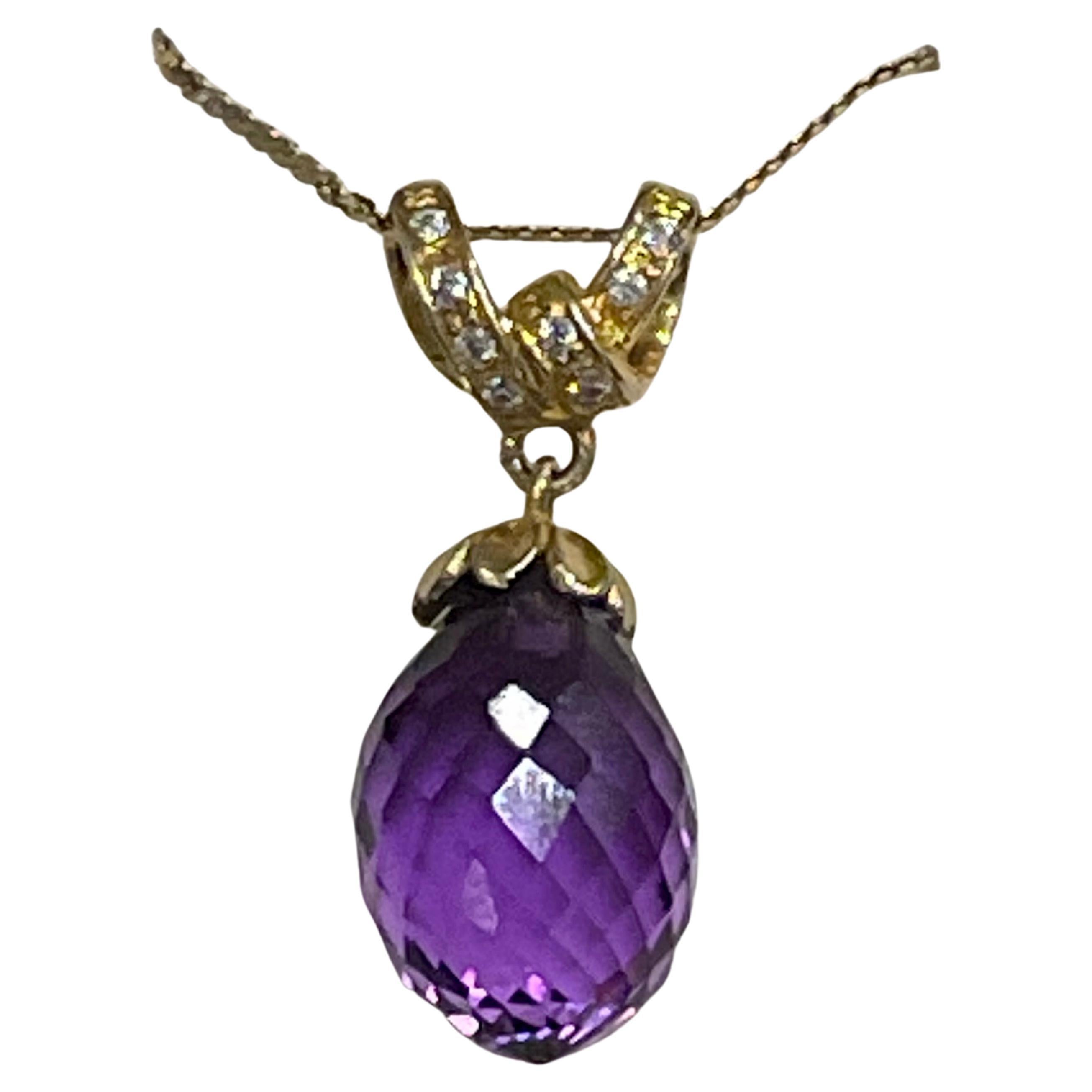 Checkerboard Amethyst Drop & Diamond Pendent/Necklace 14 Karat Yellow Gold Chain In Excellent Condition For Sale In New York, NY