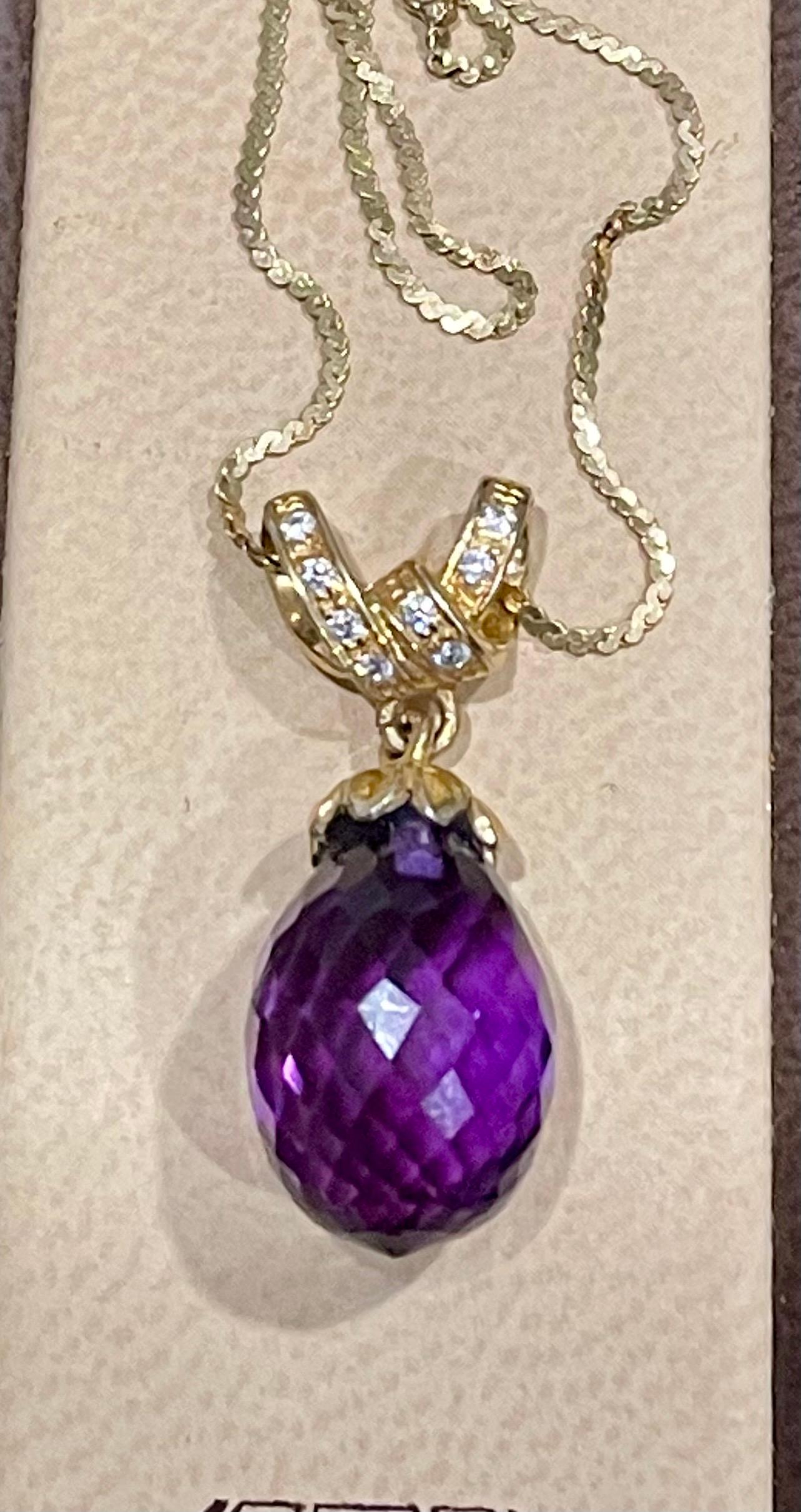 Women's Checkerboard Amethyst Drop & Diamond Pendent/Necklace 14 Karat Yellow Gold Chain For Sale