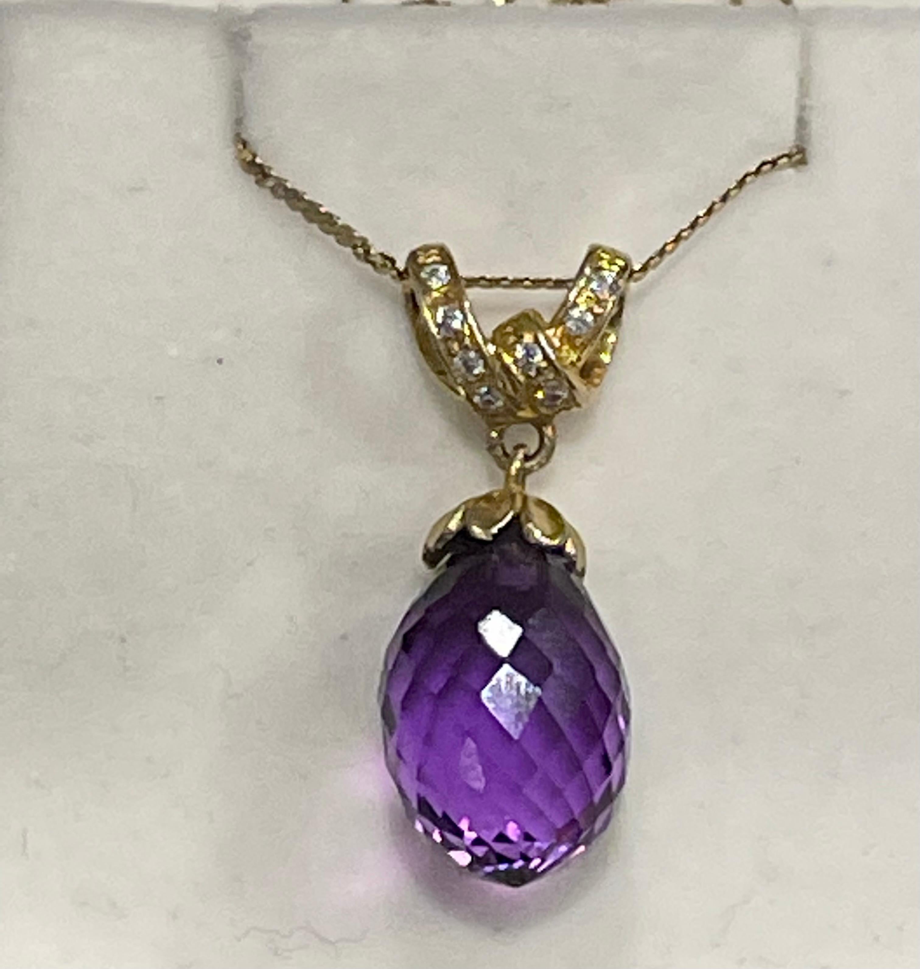 Checkerboard Amethyst Drop & Diamond Pendent/Necklace 14 Karat Yellow Gold Chain For Sale 1