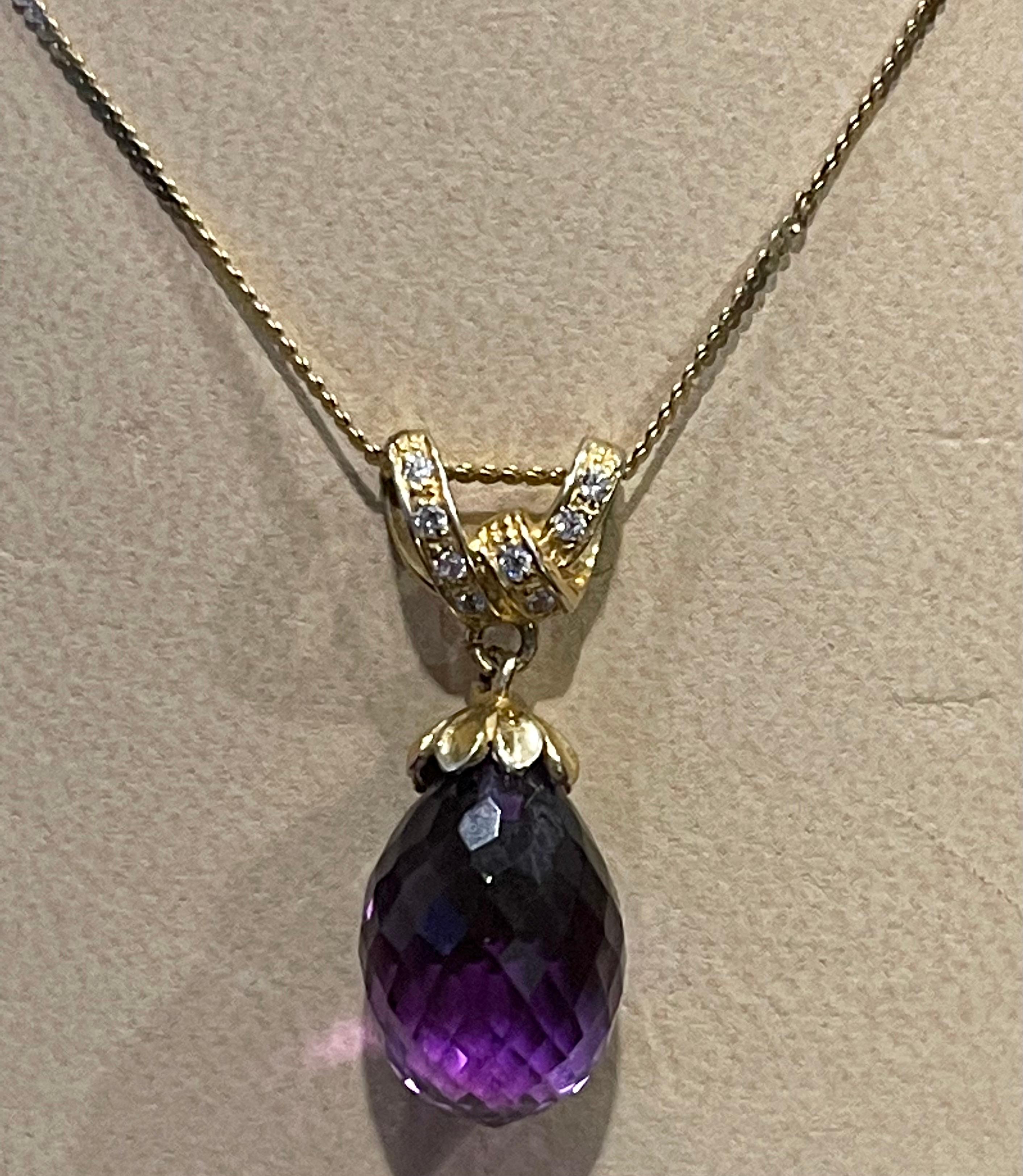 Checkerboard Amethyst Drop & Diamond Pendent/Necklace 14 Karat Yellow Gold Chain For Sale 2
