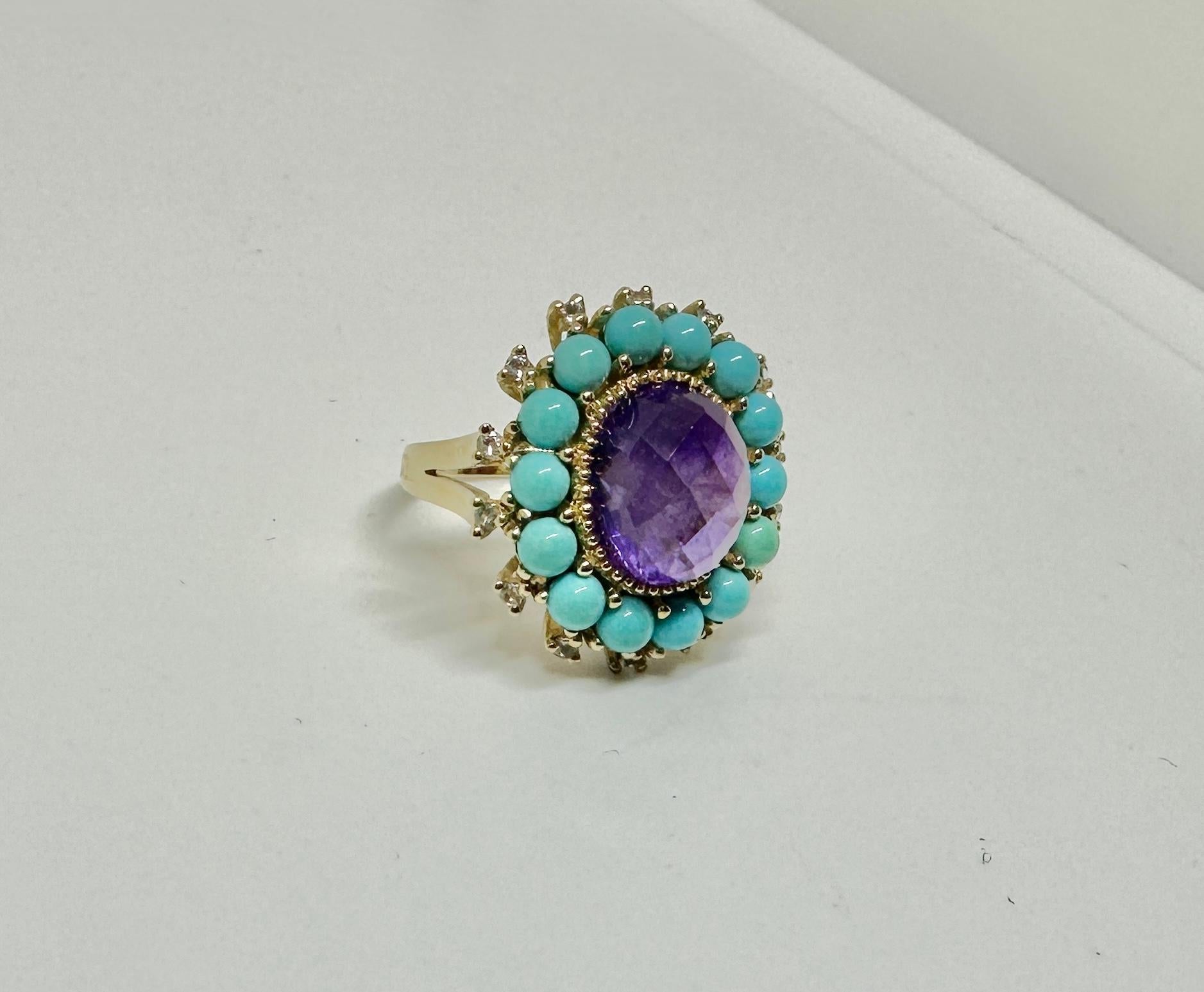 Checkerboard Amethyst Persian Turquoise Diamond Ring Gold Retro Cocktail Ring For Sale 4