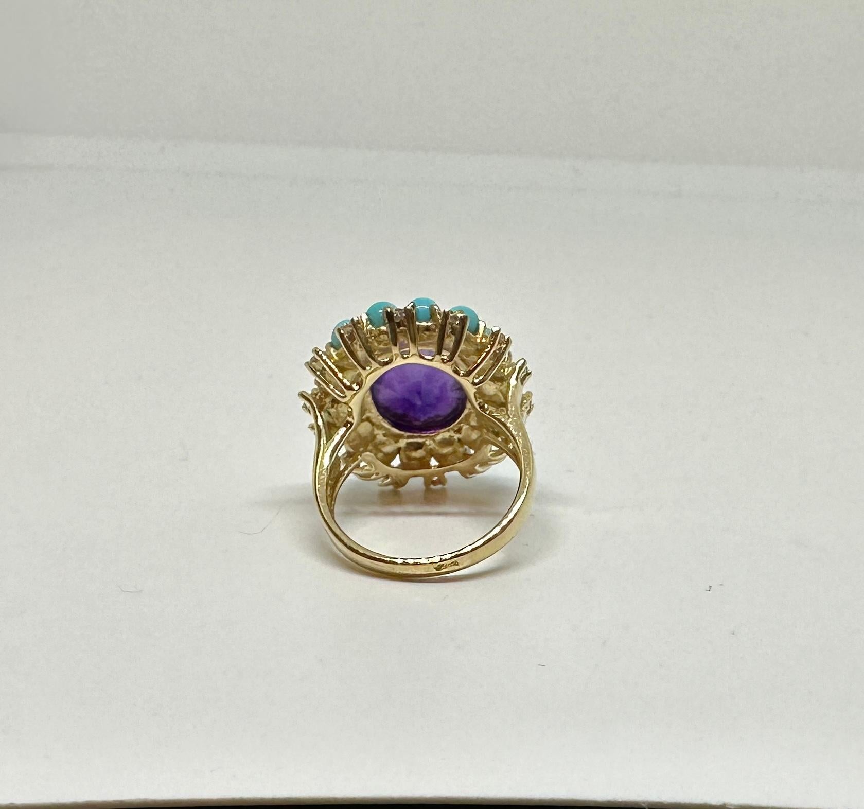 Checkerboard Amethyst Persian Turquoise Diamond Ring Gold Retro Cocktail Ring For Sale 5