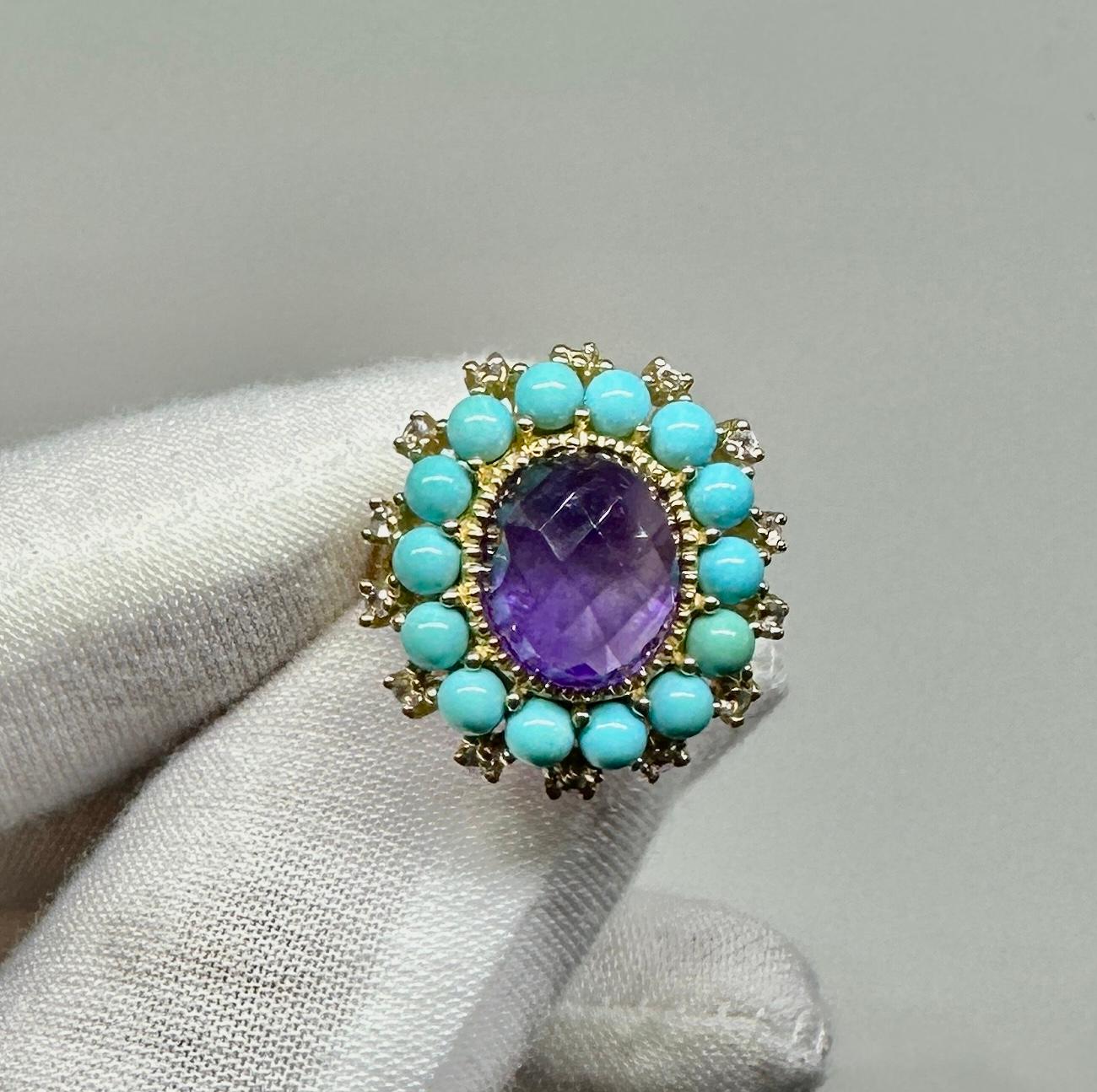 THIS IS A FABULOUS RING WITH A CENTRAL OVAL CHECKERBOARD FACETED AMETHYST SURROUNDED BY A HALO OF PERSIAN TURQUOISE CABOCHONS AND DIAMONDS SET IN 10K YELLOW GOLD.
I love this ring.  The combination of the fine purple checkerboard faceted Amethyst,