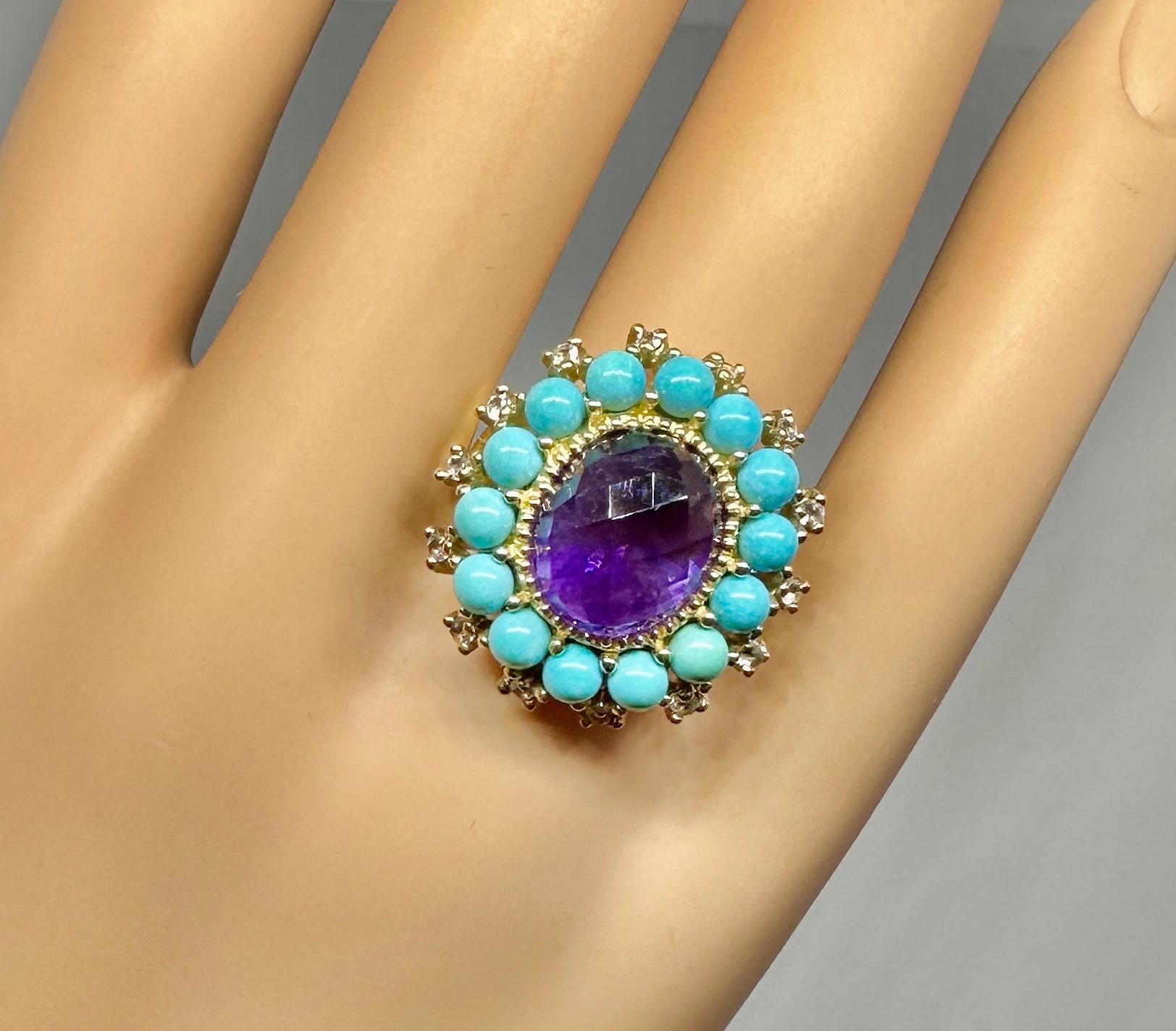 Contemporary Checkerboard Amethyst Persian Turquoise Diamond Ring Gold Retro Cocktail Ring For Sale