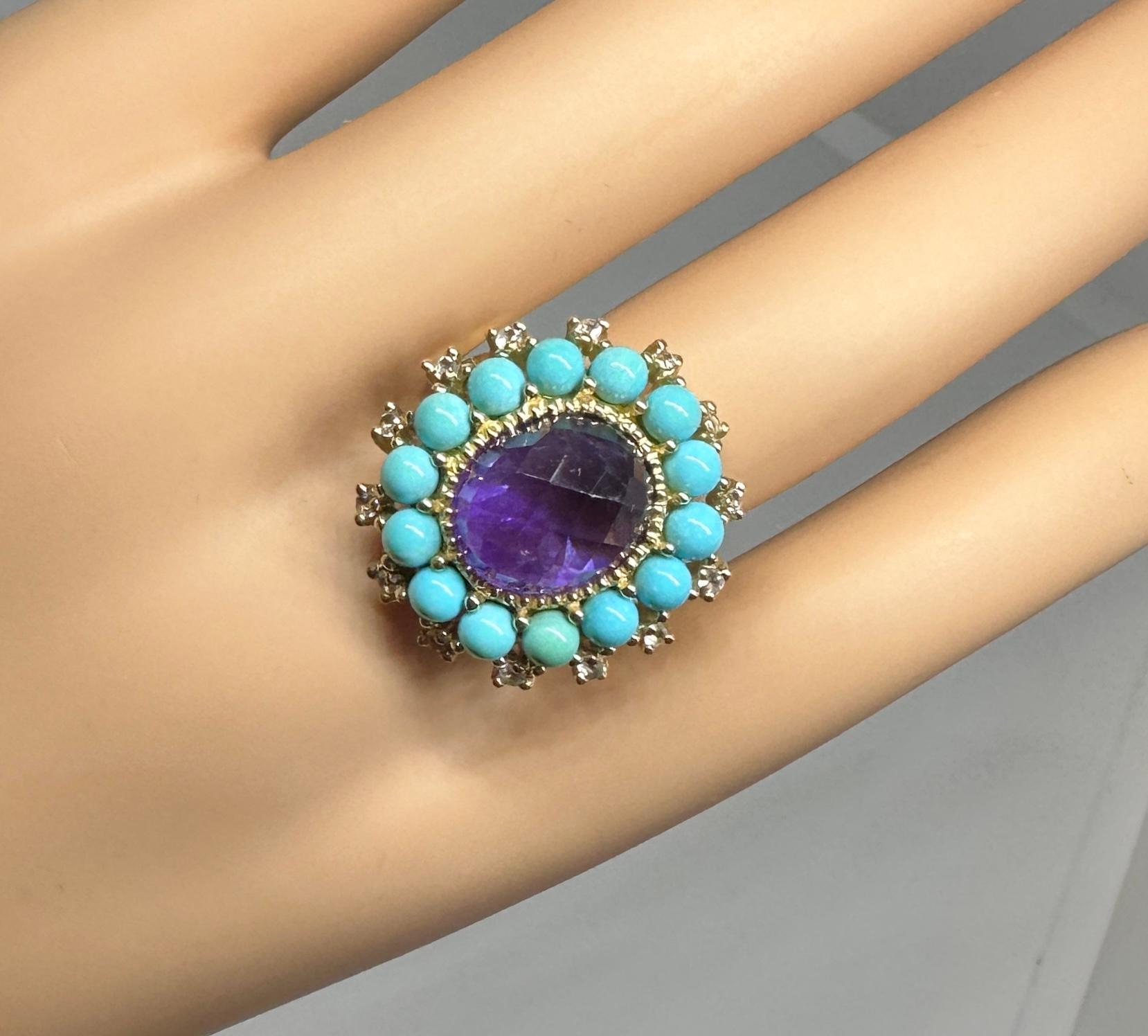 Crisscut Checkerboard Amethyst Persian Turquoise Diamond Ring Gold Retro Cocktail Ring For Sale
