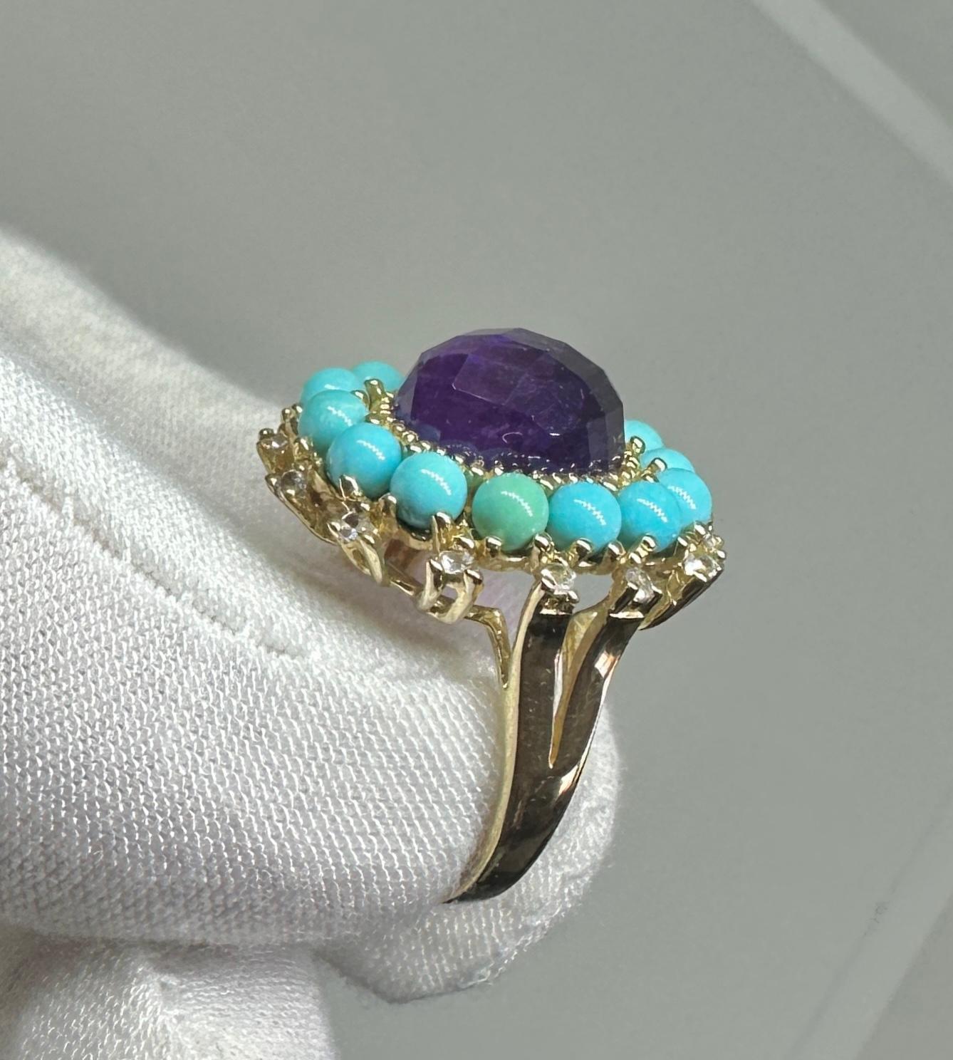 Checkerboard Amethyst Persian Turquoise Diamond Ring Gold Retro Cocktail Ring In Excellent Condition For Sale In New York, NY
