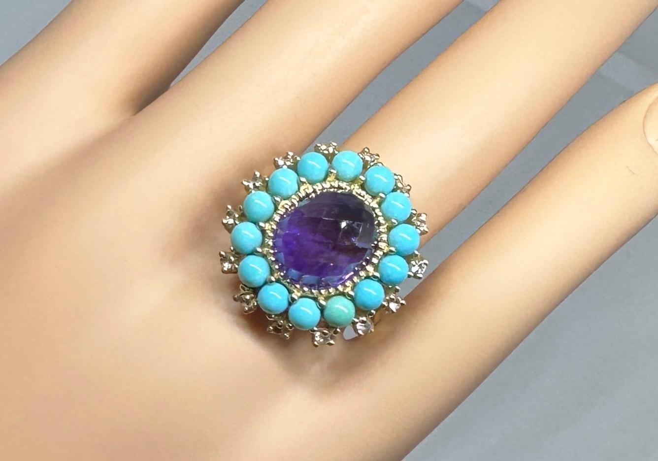 Women's Checkerboard Amethyst Persian Turquoise Diamond Ring Gold Retro Cocktail Ring For Sale
