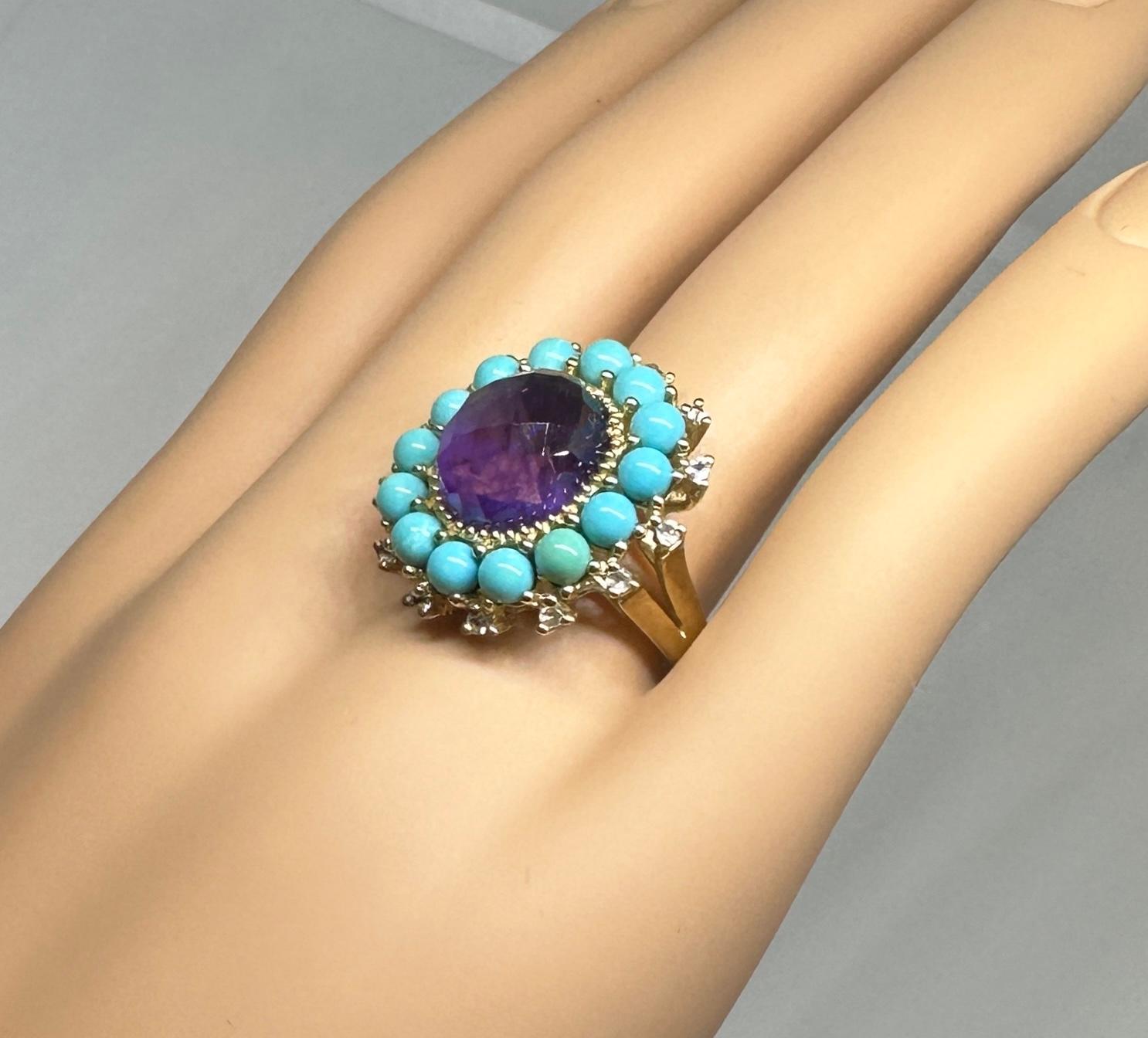 Checkerboard Amethyst Persian Turquoise Diamond Ring Gold Retro Cocktail Ring For Sale 1