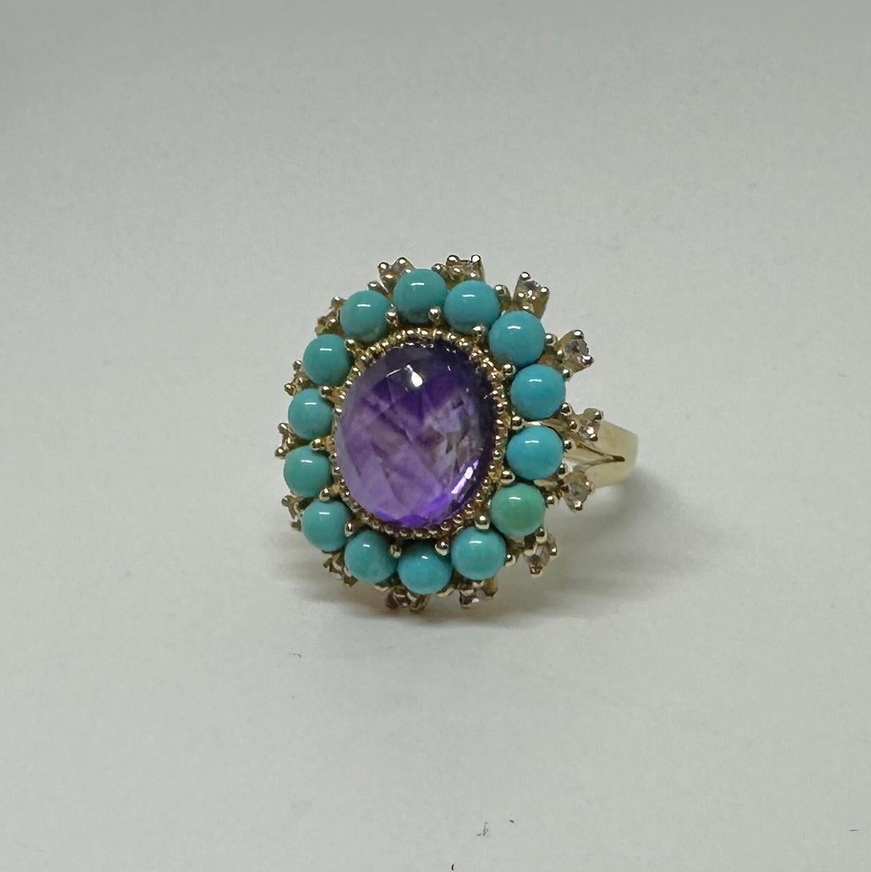 Checkerboard Amethyst Persian Turquoise Diamond Ring Gold Retro Cocktail Ring For Sale 2