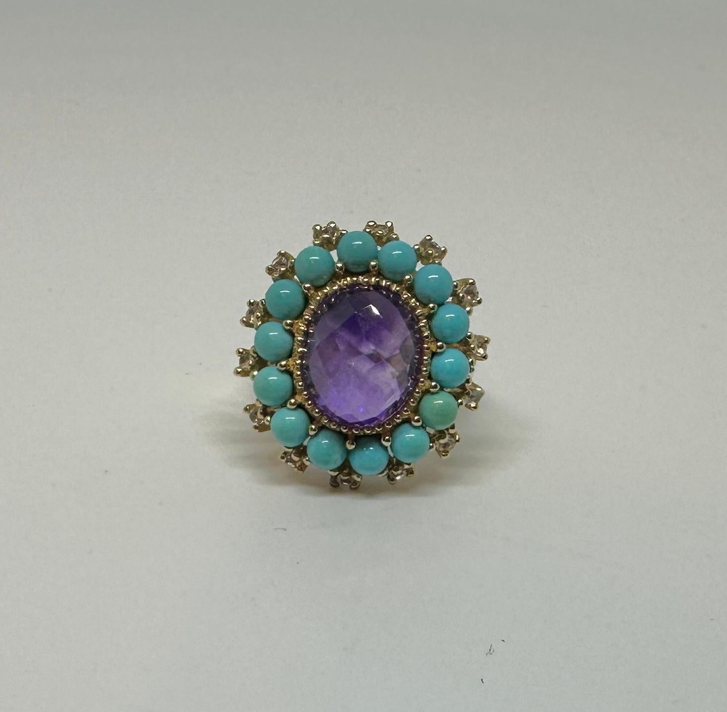 Checkerboard Amethyst Persian Turquoise Diamond Ring Gold Retro Cocktail Ring For Sale 3
