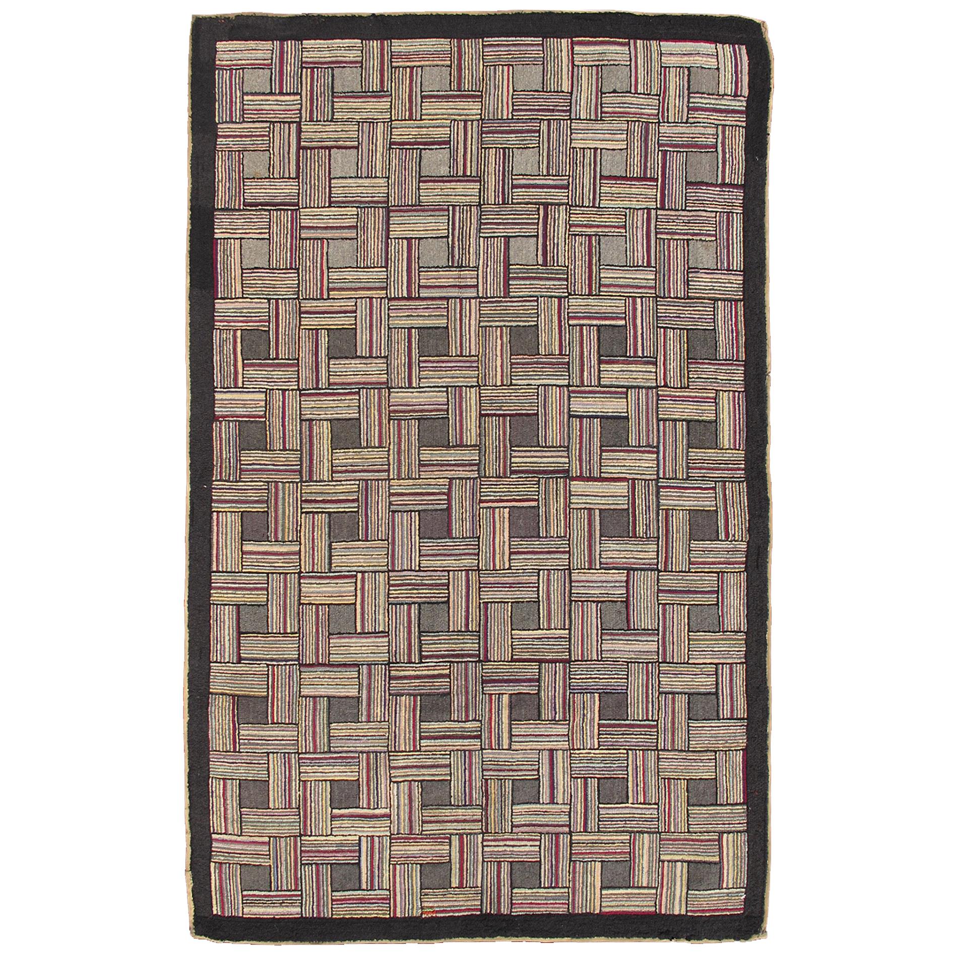 Checkerboard Antique American Hooked Rug with Geometric Designs