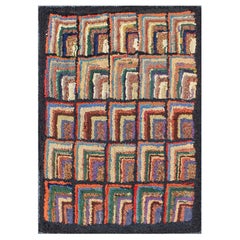 Checkerboard Antique American Hooked Rug with Geometric Designs