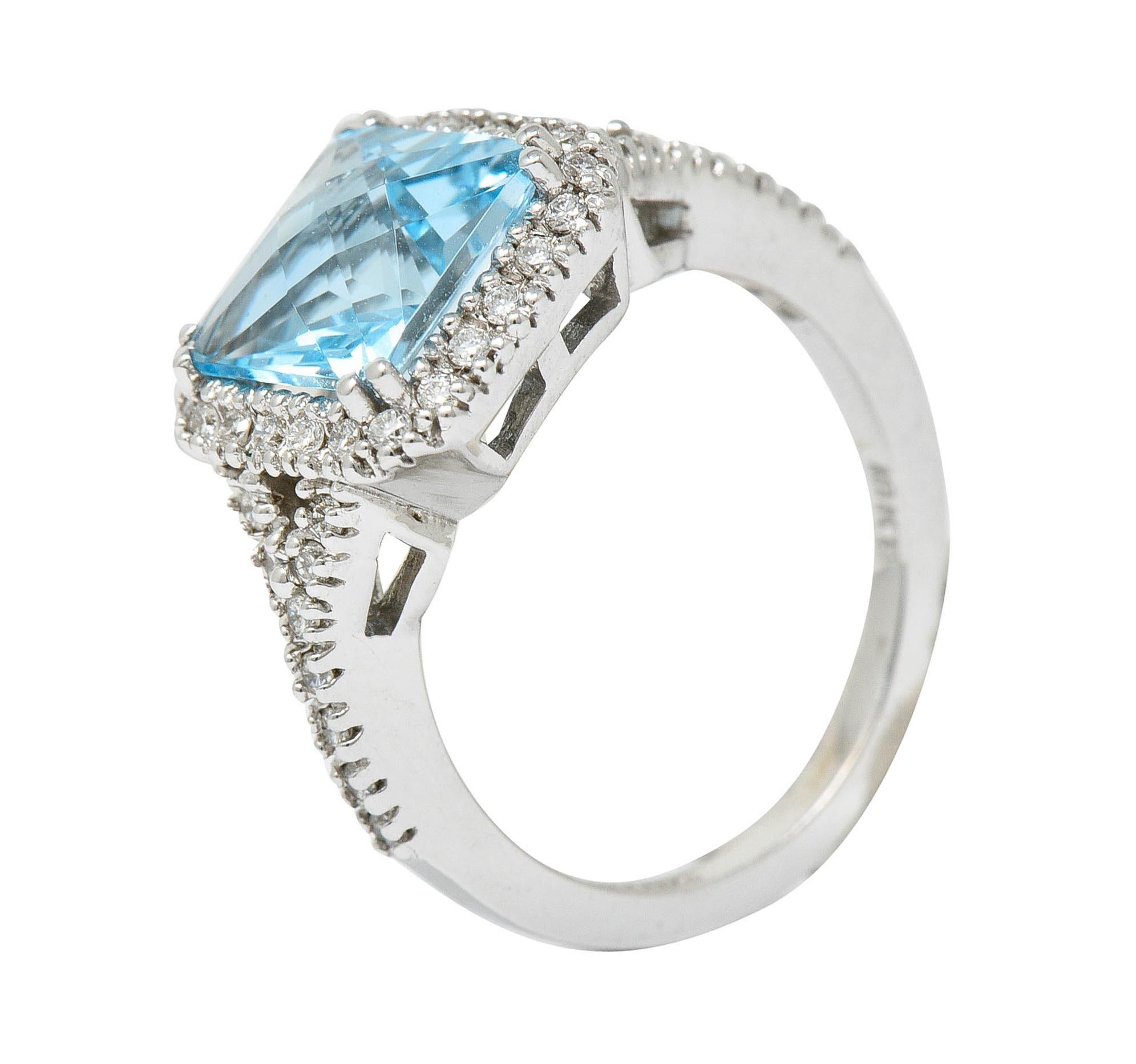 Checkerboard Blue Topaz Diamond 18 Karat White Gold Square Halo Ring 2