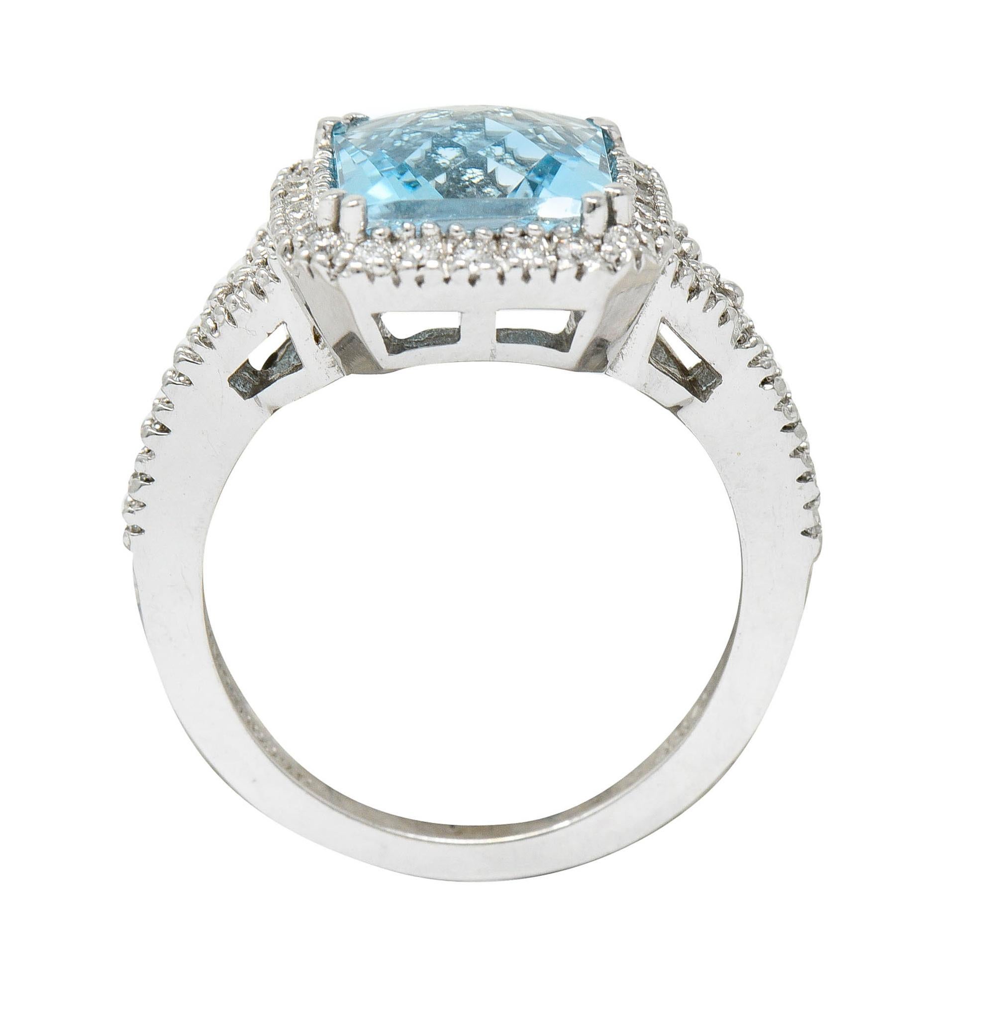 Women's or Men's Checkerboard Blue Topaz Diamond 18 Karat White Gold Square Halo Ring
