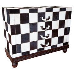 Checkerboard Chest of Drawers Cowhide Antique Country House Black and White