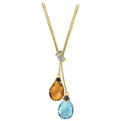 Checkerboard Citrine and Blue Topaz Pendent/Necklace 14 Karat Gold Double Chain