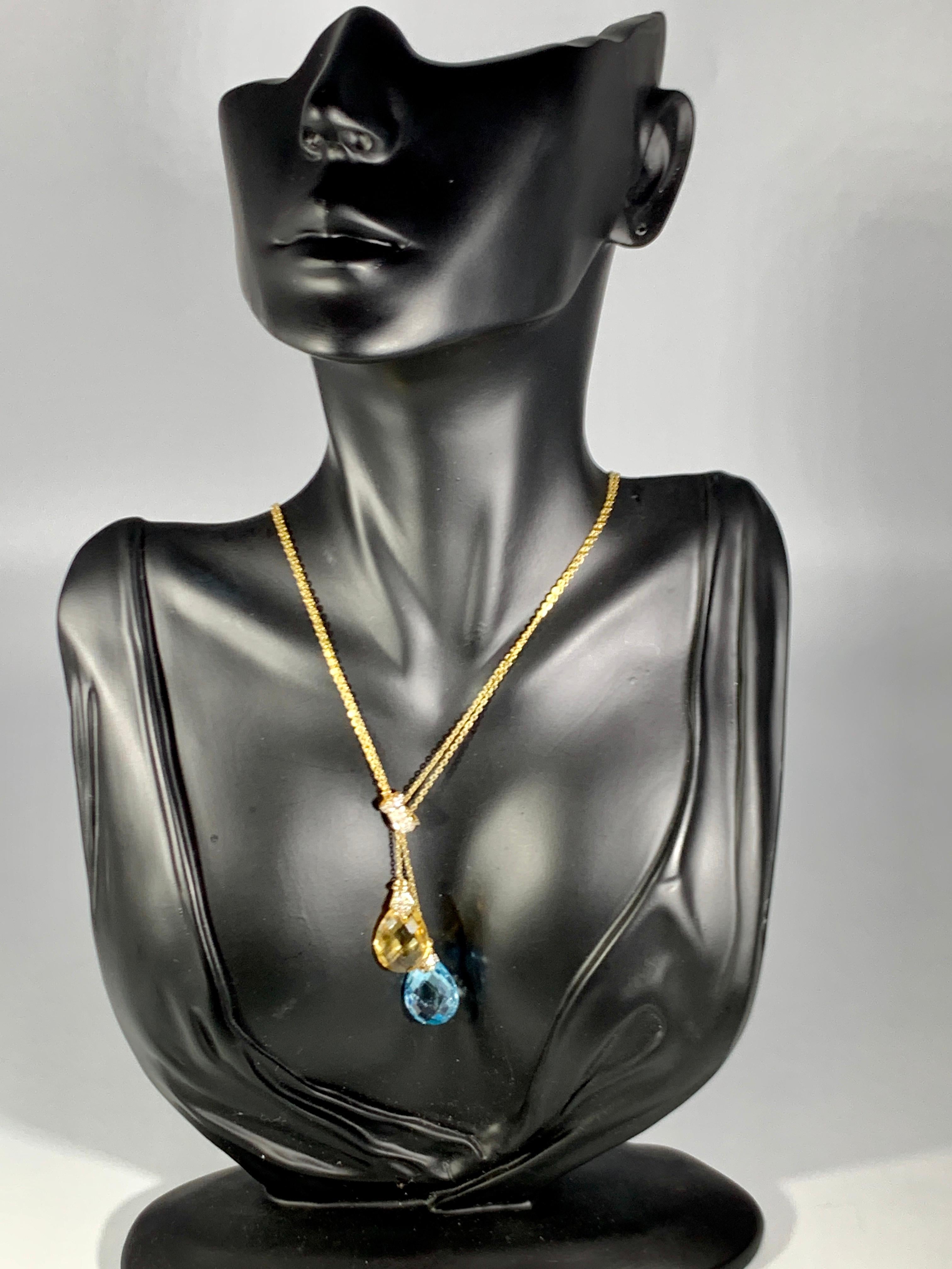 Checkerboard Citrine and Blue Topaz Pendent/Necklace 14 Karat Gold Double Chain 2
