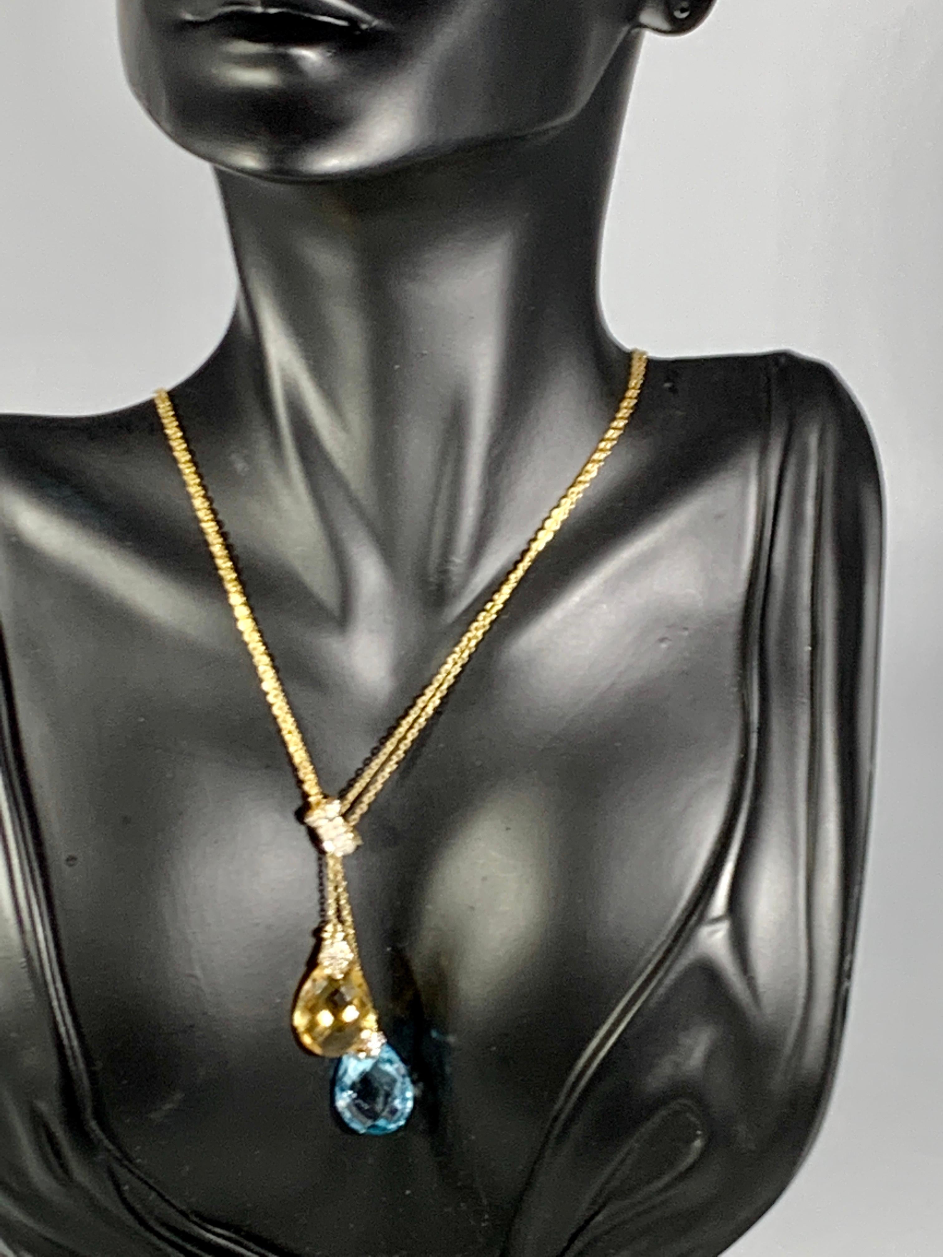 Checkerboard Citrine and Blue Topaz Pendent/Necklace 14 Karat Gold Double Chain 3