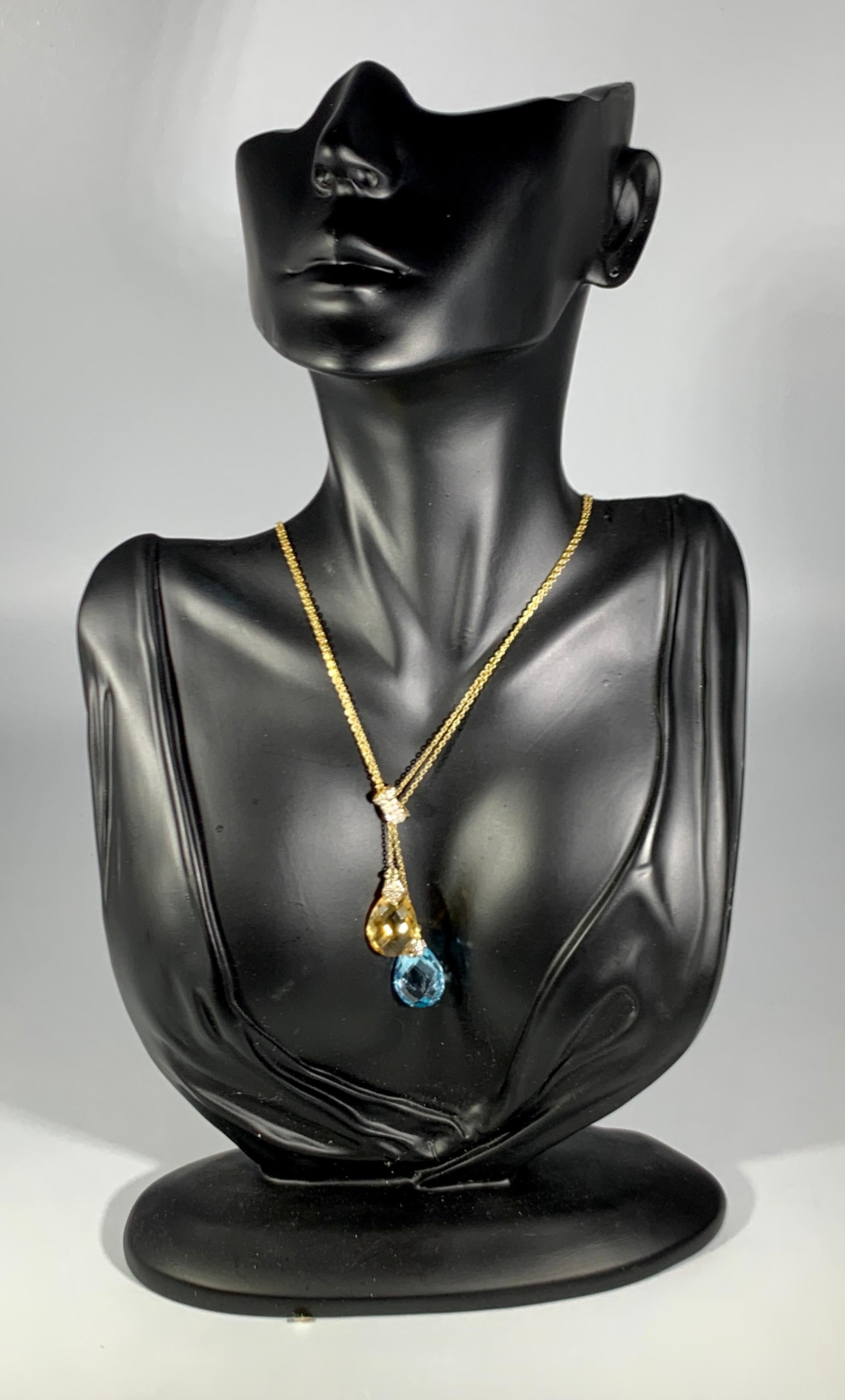 Checkerboard Citrine and Blue Topaz Pendent/Necklace 14 Karat Gold Double Chain 4