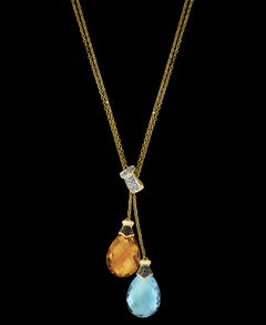 Checkerboard Citrine and Blue Topaz Pendent/Necklace 14 Karat Gold Double Chain
