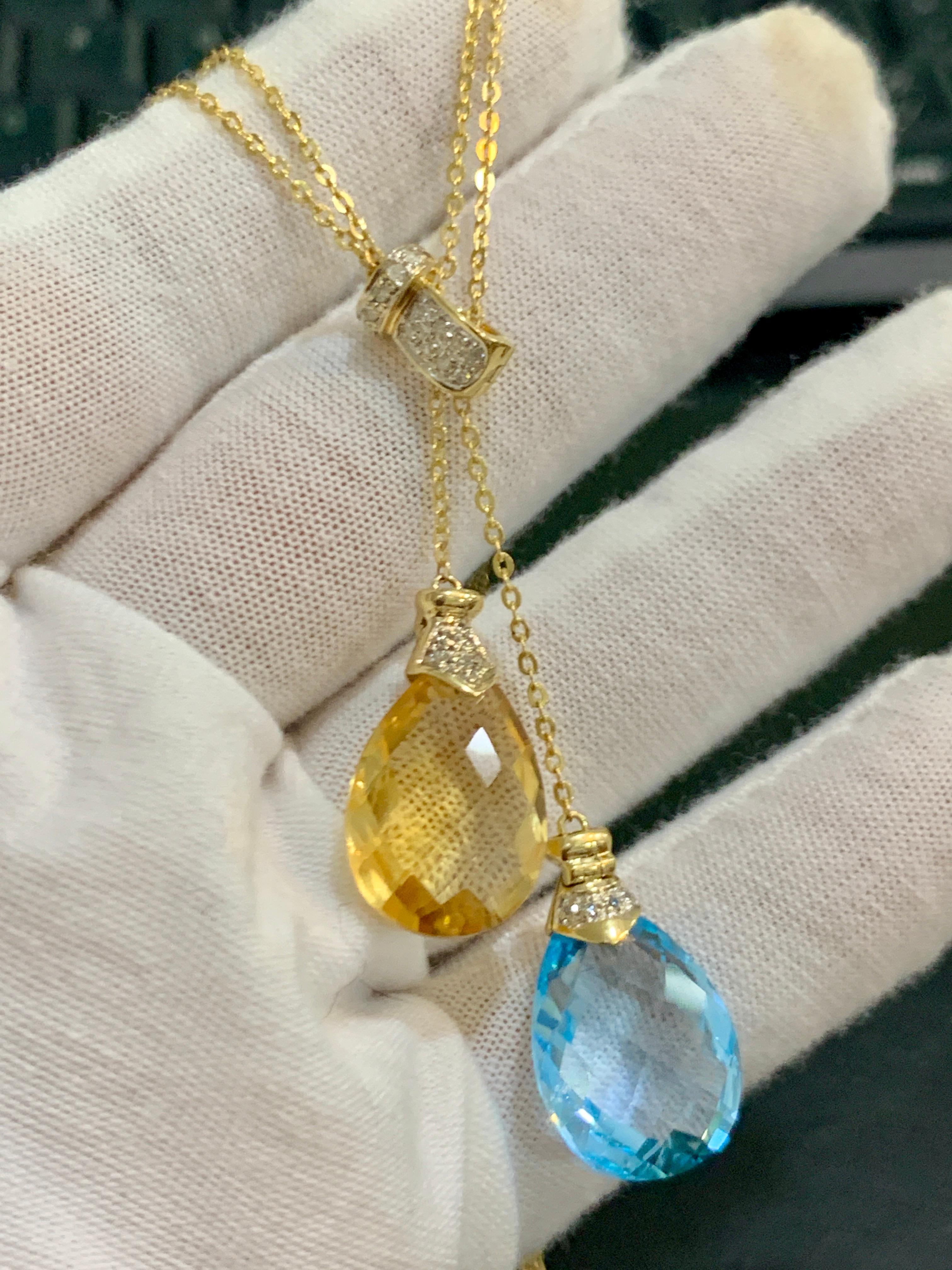 Pear Cut Checkerboard Citrine and Blue Topaz Pendent/Necklace 14 Karat Gold Double Chain