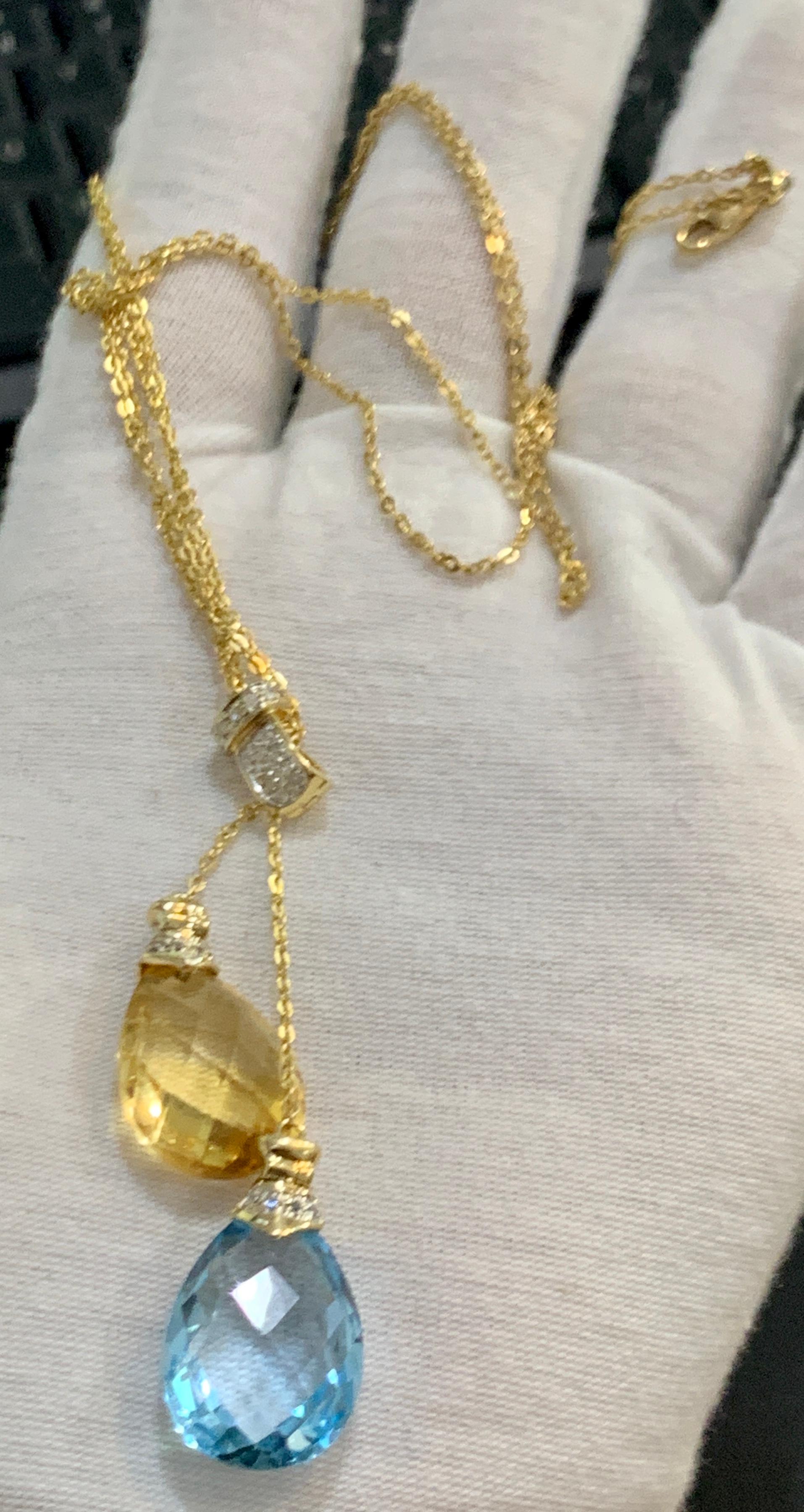Checkerboard Citrine and Blue Topaz Pendent/Necklace 14 Karat Gold Double Chain In Excellent Condition In New York, NY