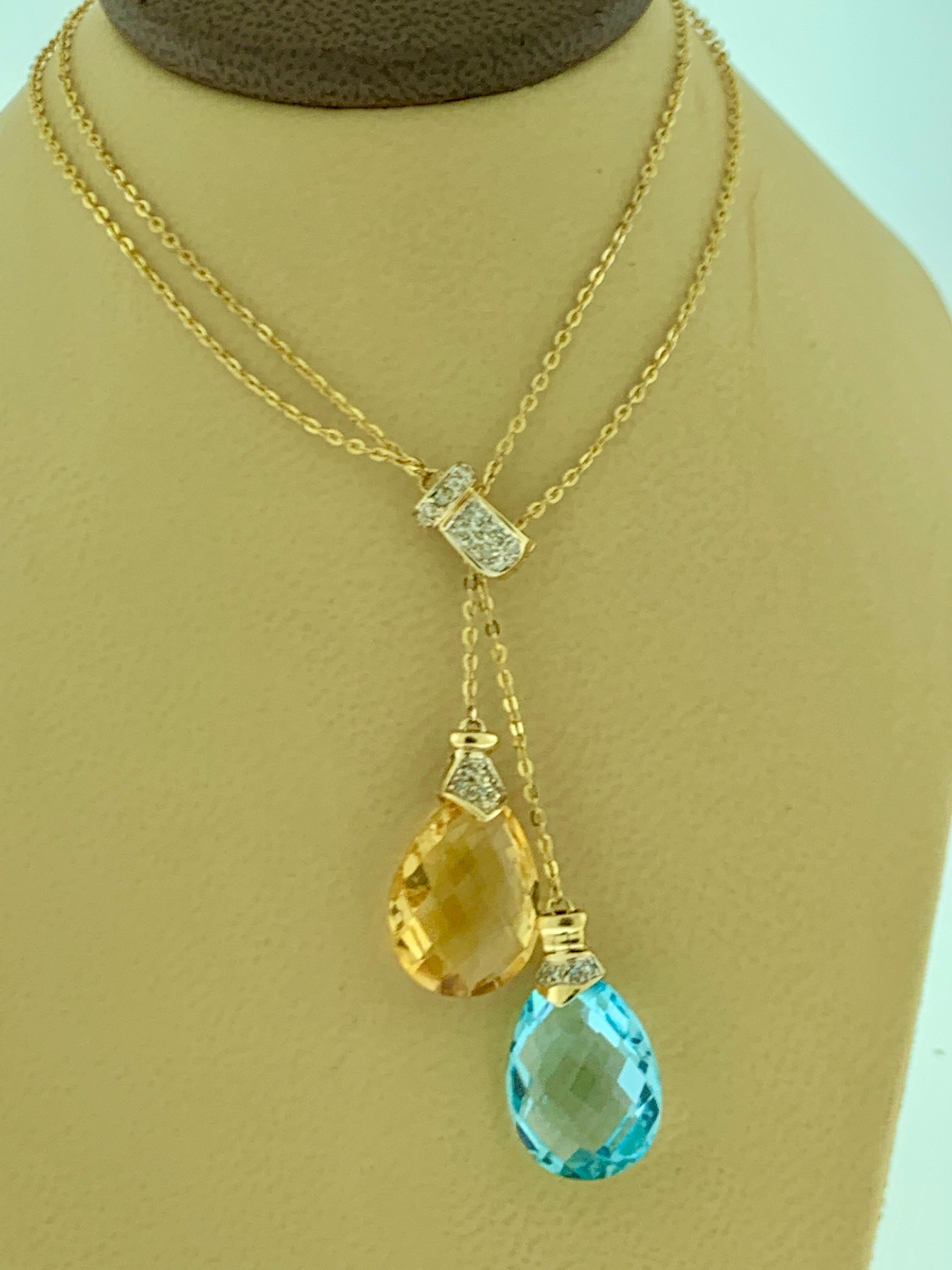 Women's Checkerboard Citrine and Blue Topaz Pendent/Necklace 14 Karat Gold Double Chain