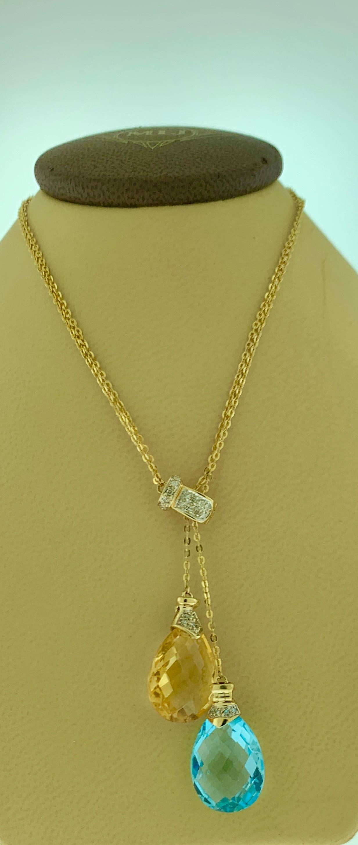 Checkerboard Citrine and Blue Topaz Pendent/Necklace 14 Karat Gold Double Chain 1