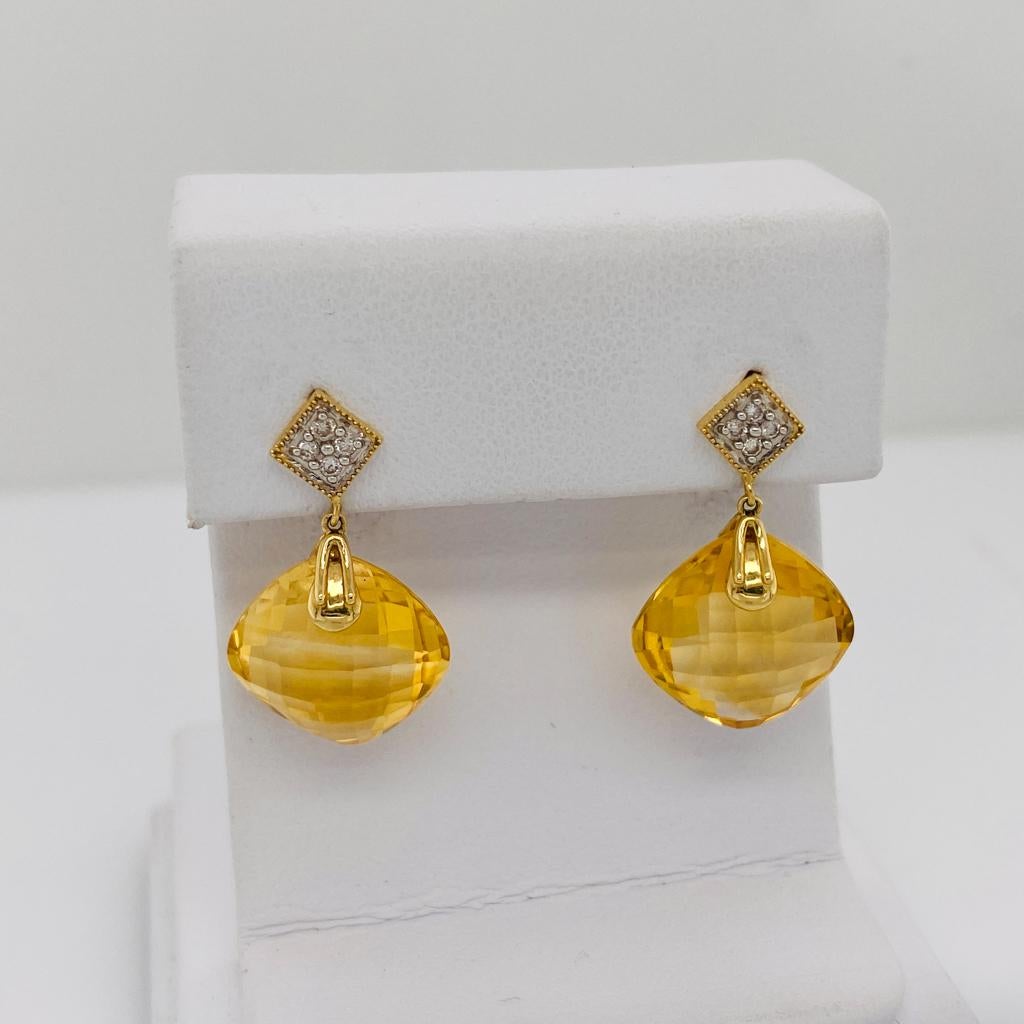 Contemporary Checkerboard Citrine Dangle Earrings in 14k Yellow Gold with Diamonds For Sale