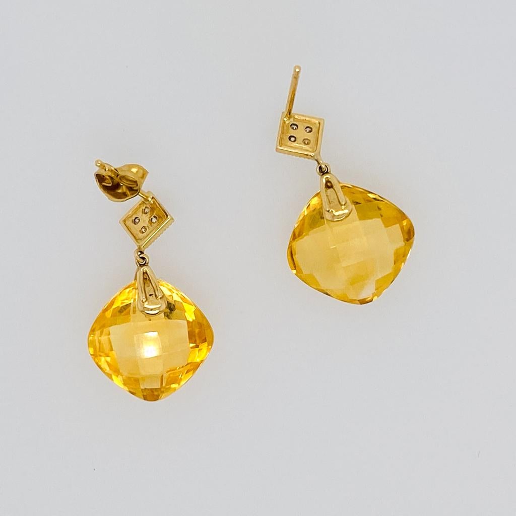 Cushion Cut Checkerboard Citrine Dangle Earrings in 14k Yellow Gold with Diamonds For Sale