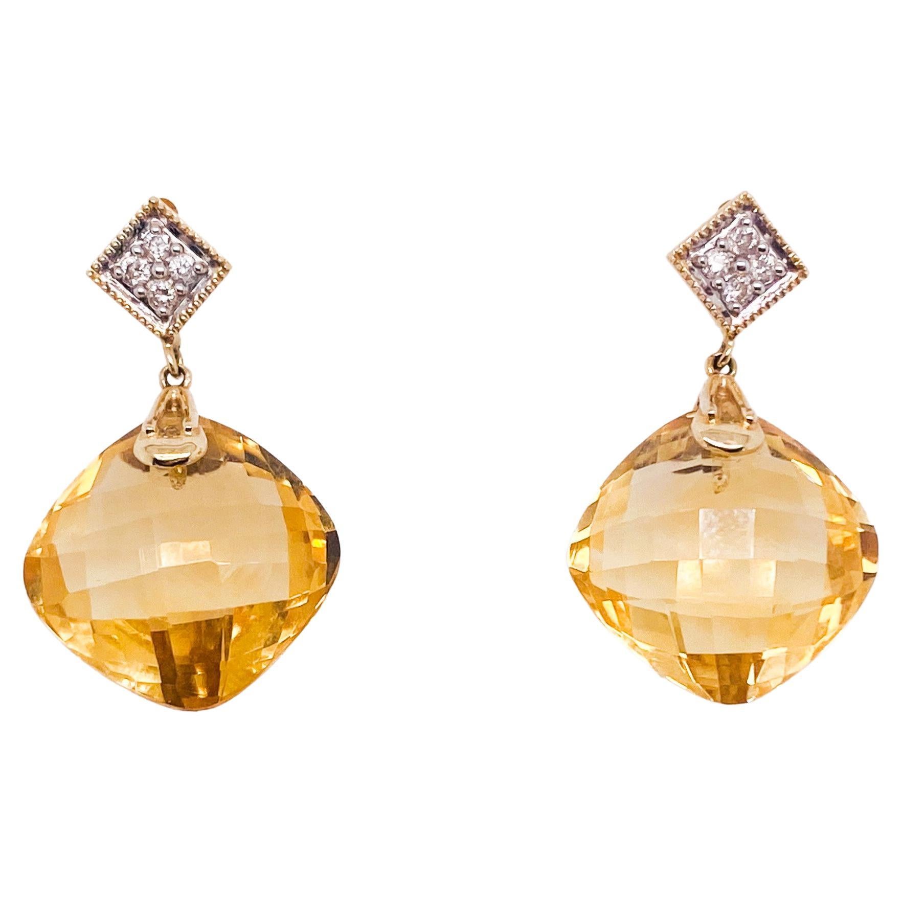 Checkerboard Citrine Dangle Earrings in 14k Yellow Gold with Diamonds For Sale