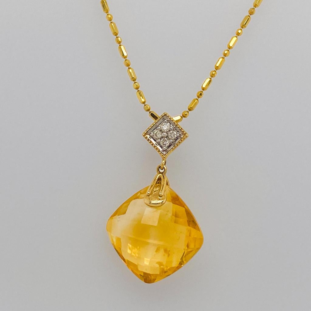 Round Cut Checkerboard Citrine Dangle Necklace in 14K Yellow Gold with Diamonds Gemstone For Sale