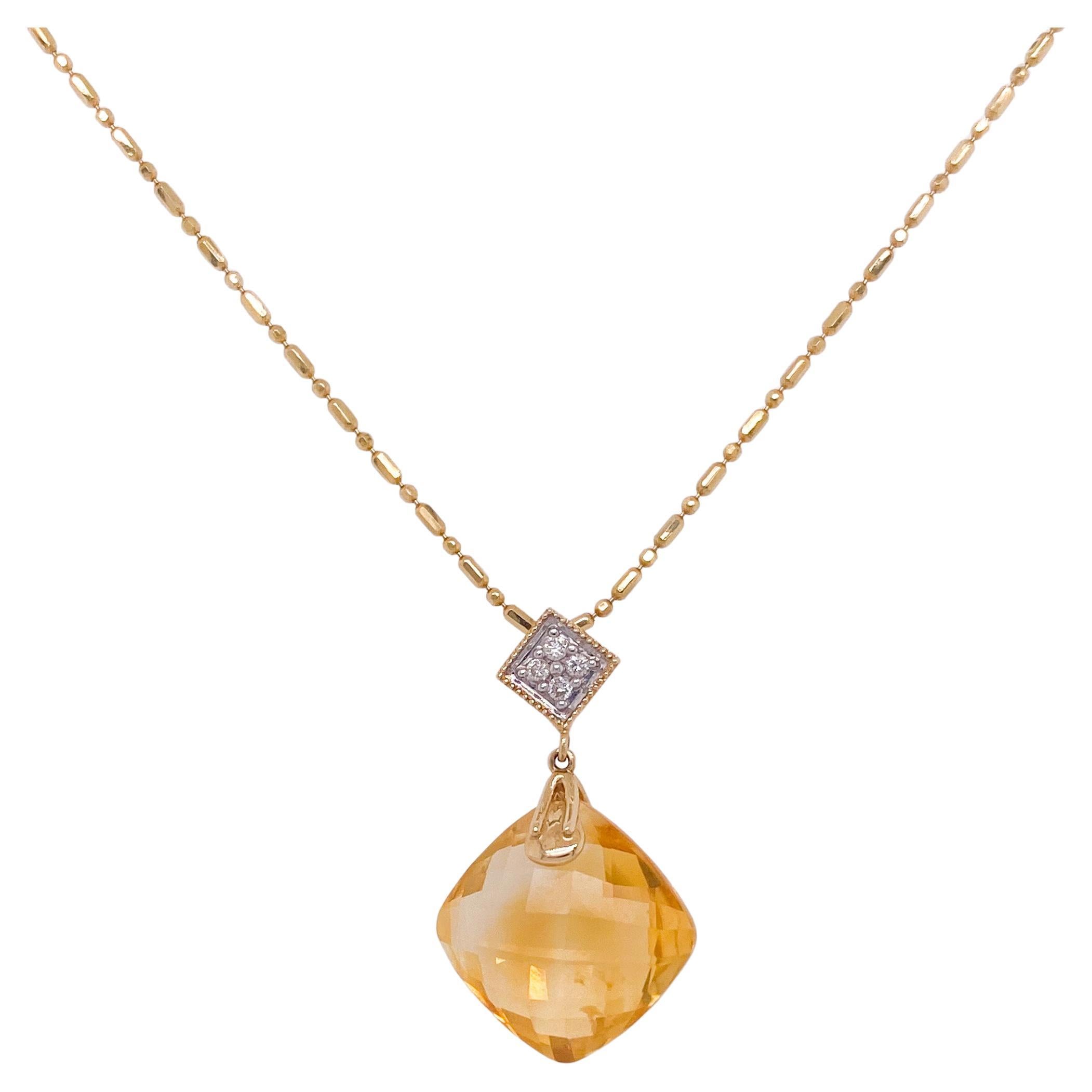 Checkerboard Citrine Dangle Necklace in 14K Yellow Gold with Diamonds Gemstone For Sale