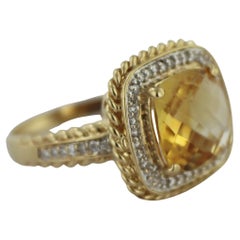 Checkerboard Citrine, Diamond, 14k Yellow Gold Ring