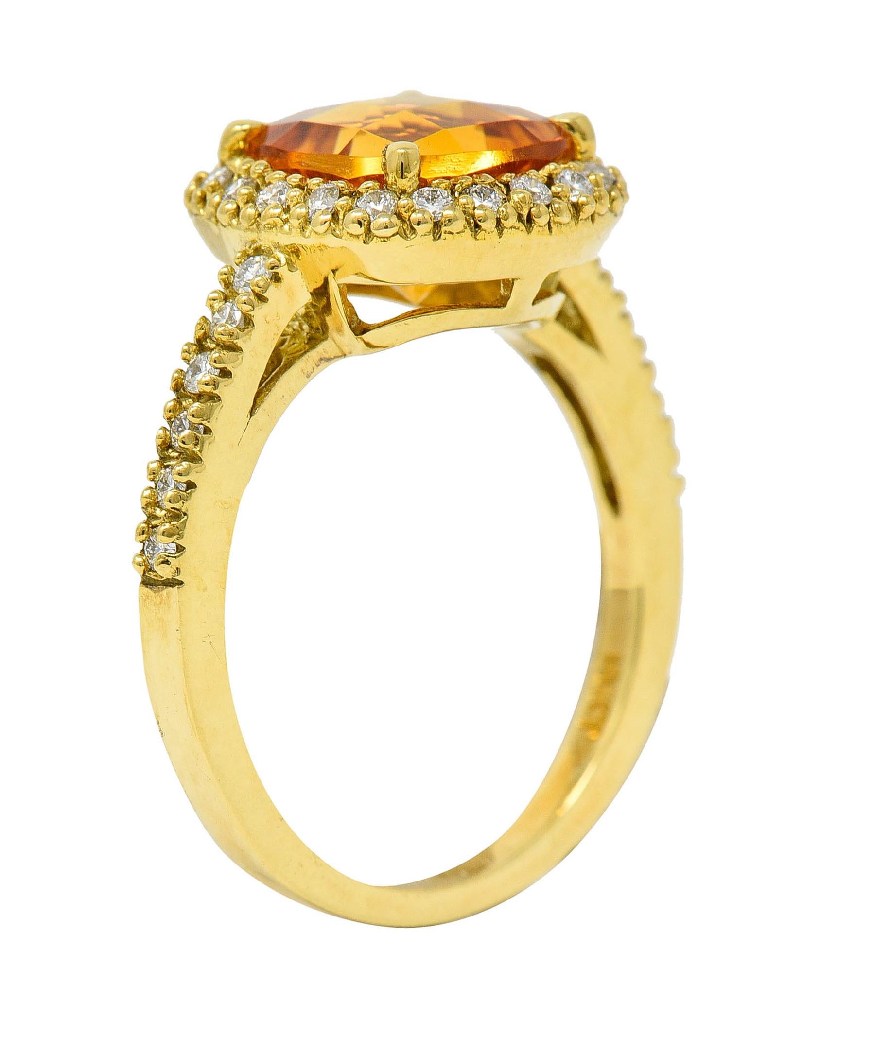 Checkerboard Citrine Diamond Halo 18 Karat Yellow Gold Gemstone Ring 4