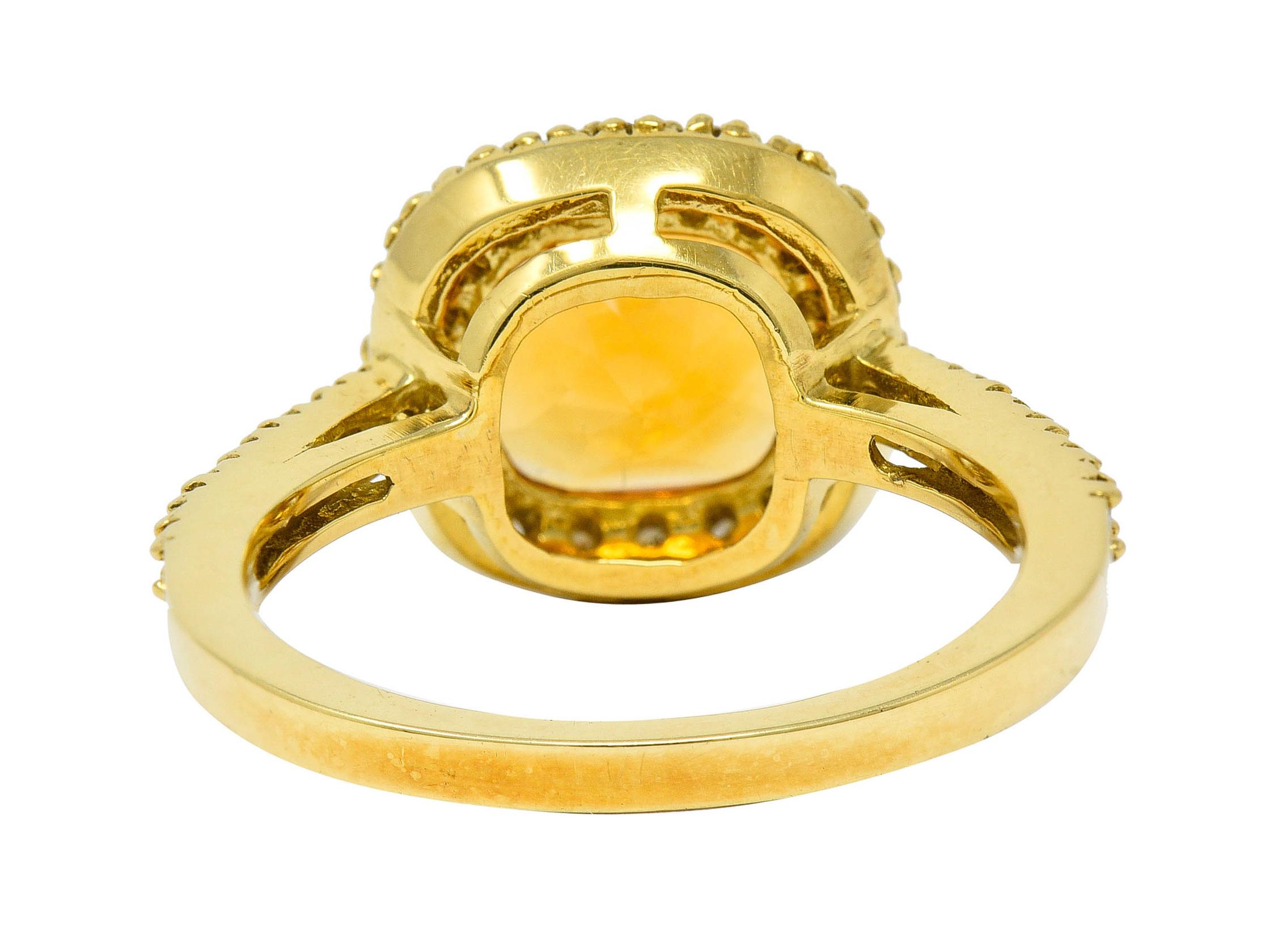 Cushion Cut Checkerboard Citrine Diamond Halo 18 Karat Yellow Gold Gemstone Ring