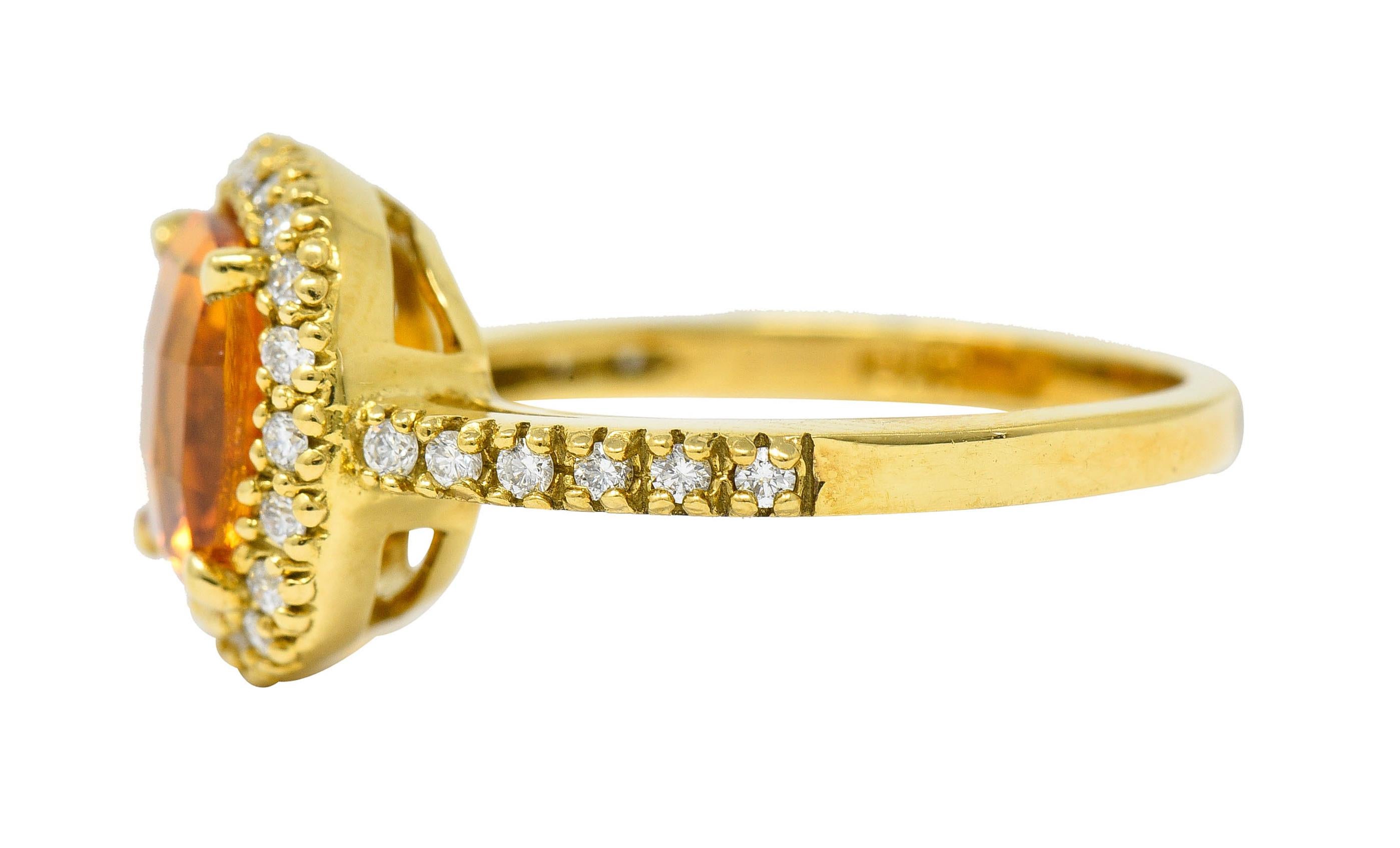 Checkerboard Citrine Diamond Halo 18 Karat Yellow Gold Gemstone Ring In Excellent Condition In Philadelphia, PA