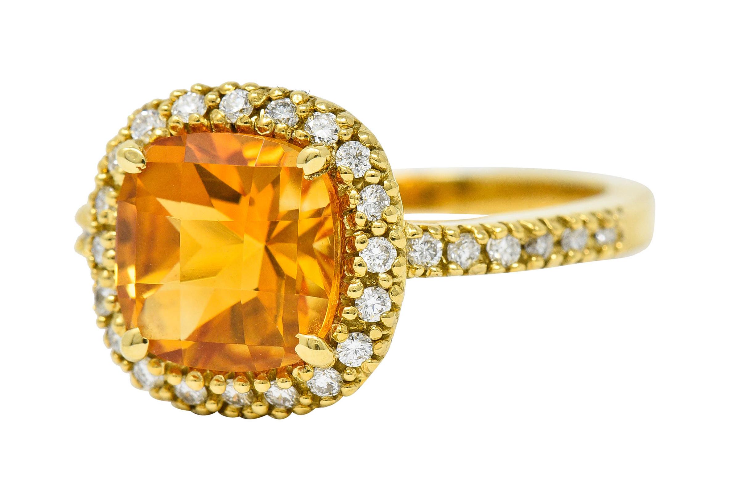 Women's or Men's Checkerboard Citrine Diamond Halo 18 Karat Yellow Gold Gemstone Ring