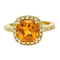 Checkerboard Citrine Diamond Halo 18 Karat Yellow Gold Gemstone Ring