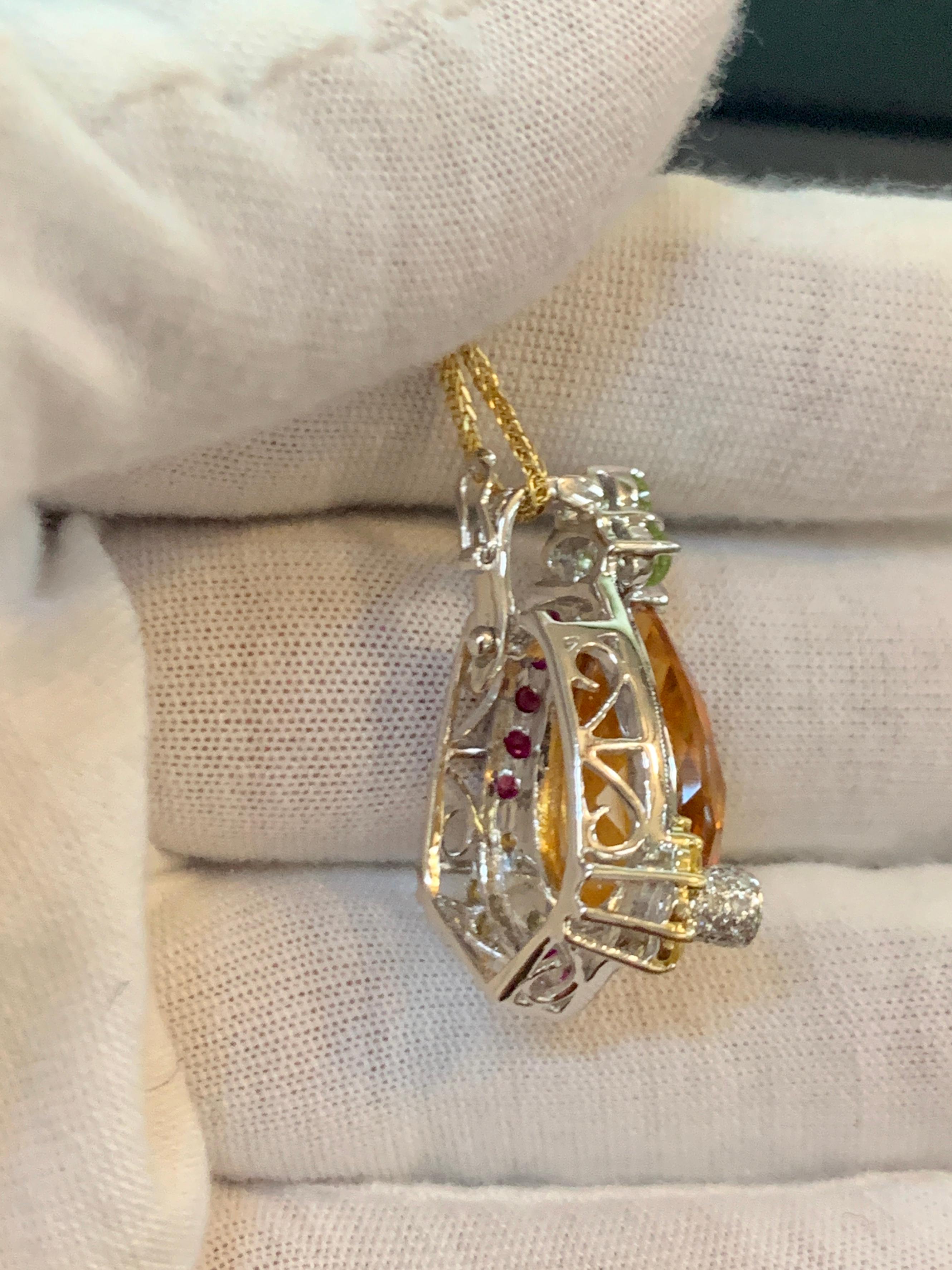 Checkerboard Citrine Ruby Diamond Pendent or Necklace 14 Karat Gold With Chain 5
