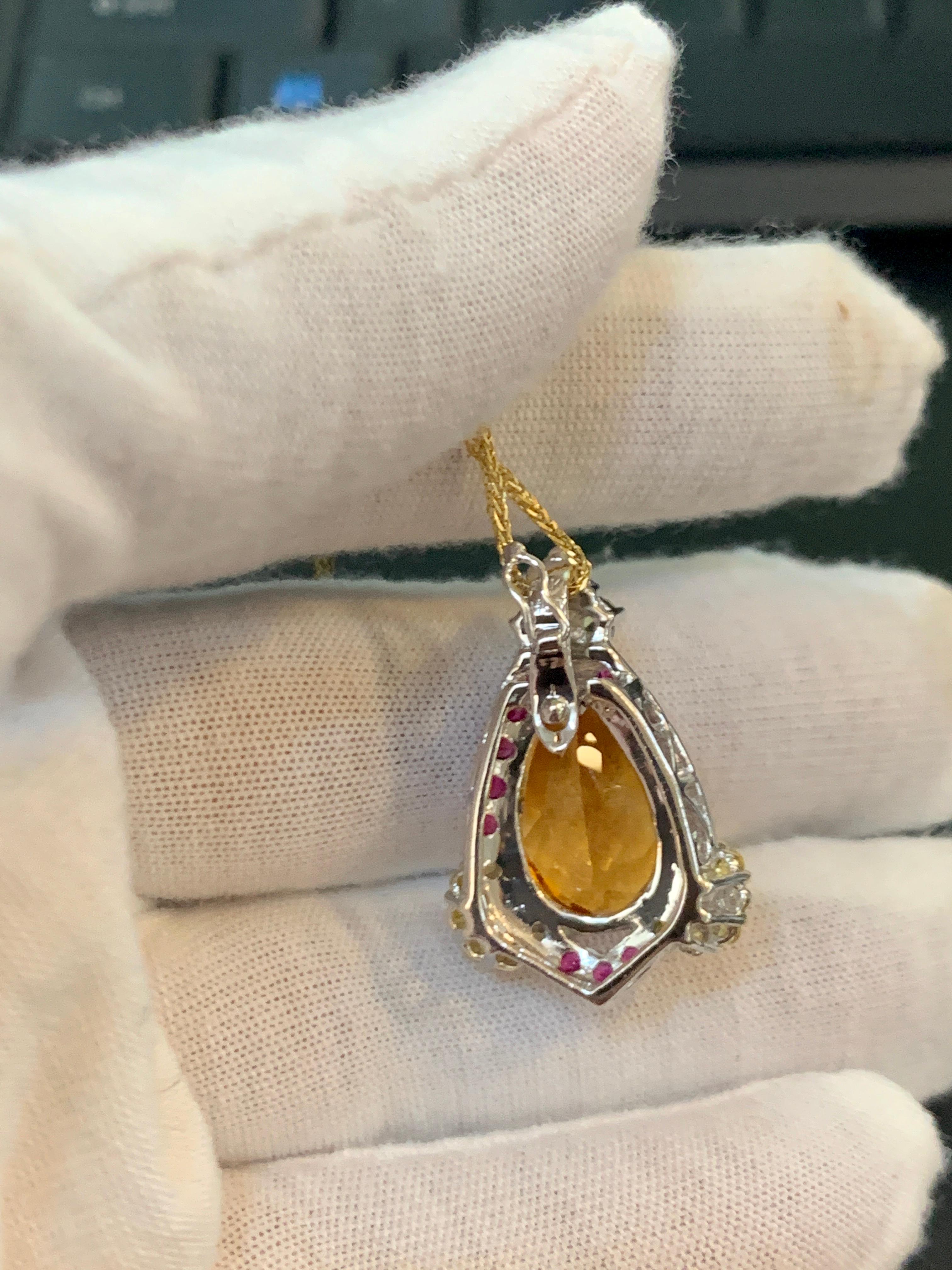 Checkerboard Citrine Ruby Diamond Pendent or Necklace 14 Karat Gold With Chain 6