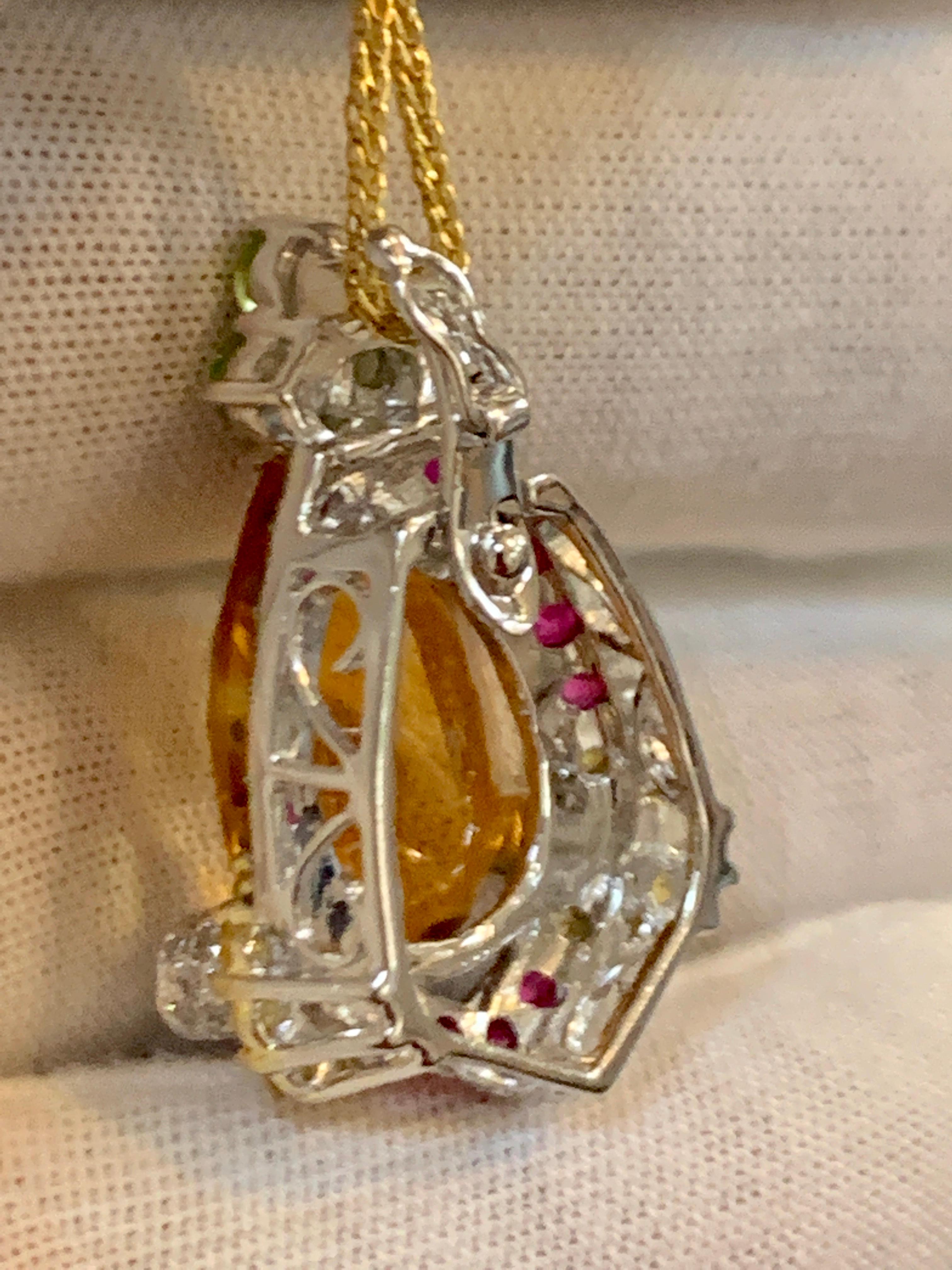 Checkerboard Citrine Ruby Diamond Pendent or Necklace 14 Karat Gold With Chain 7