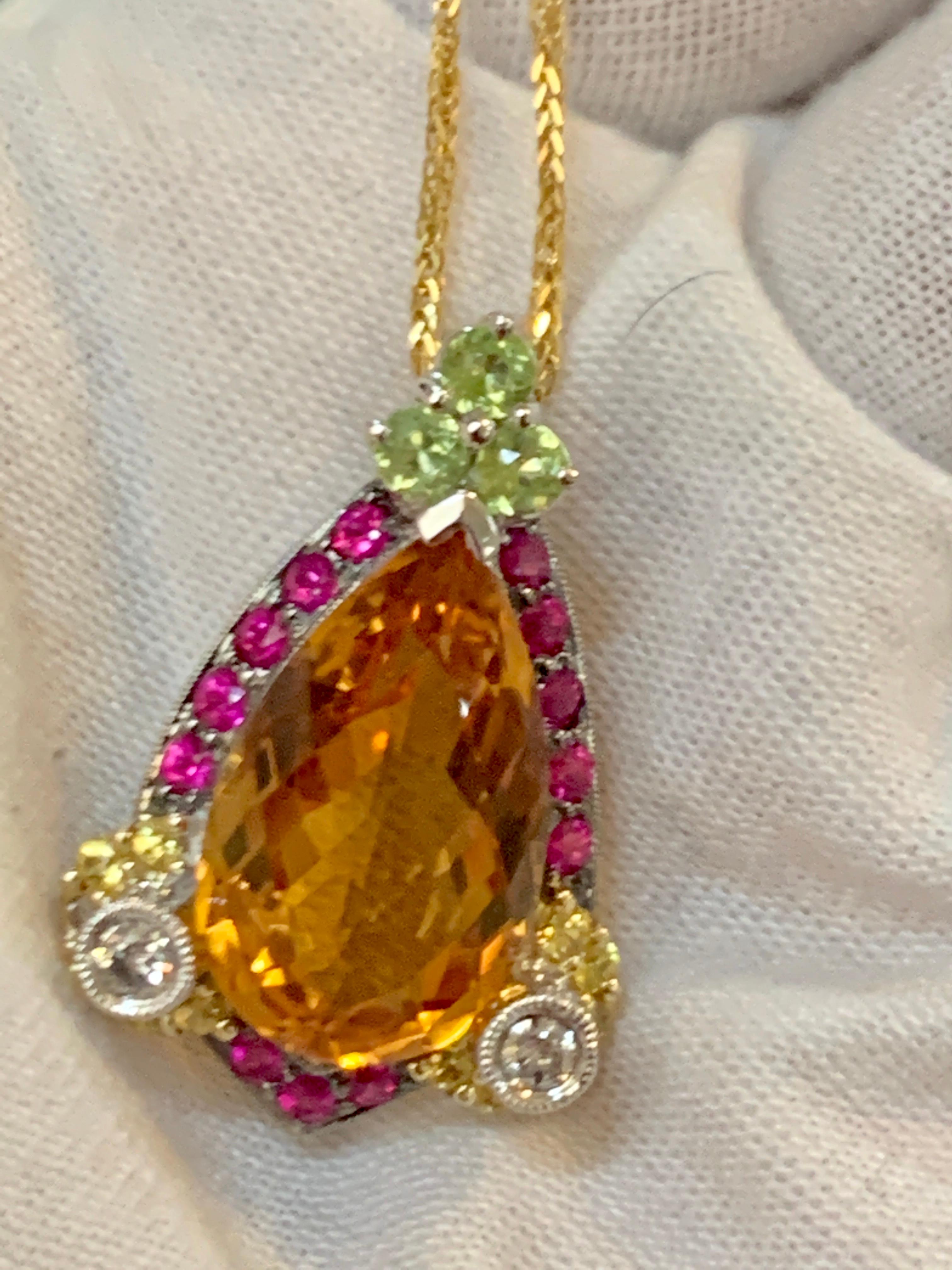 Checkerboard Citrine Ruby Diamond Pendent or Necklace 14 Karat Gold With Chain 8